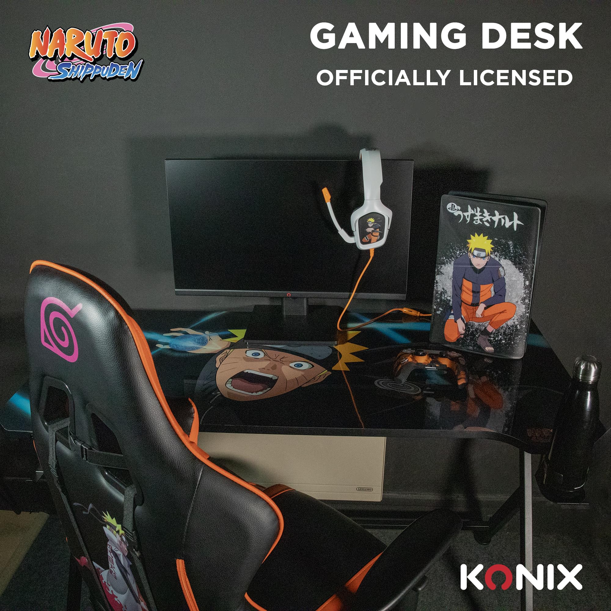 Konix Naruto Shippuden Bureau Gaming 121 x 69 x 76 cm en Forme de Y - Table en Bois et métal - Porte-gobelet - Support Casque - Motif Naruto Rasengan