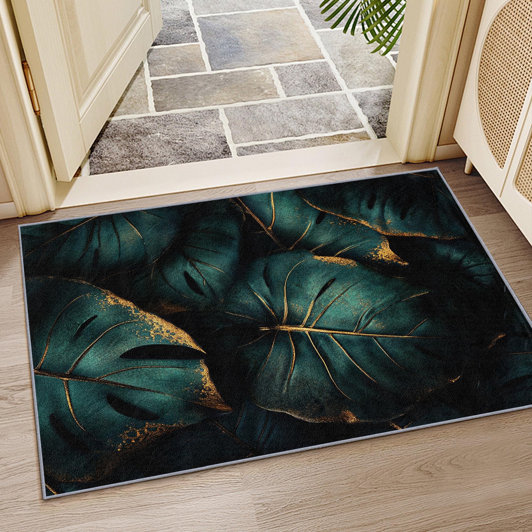 Blätter Teppich 200x200 cm, Luxuriöse Grüne Blatt Waschbarer Teppiche Wohnzimmer, Modern botanisch Pflanzen rutschfest Antirutsch Groß Teppiche Für Esszimmer, Quadratisch, Dunkel Grün Gold