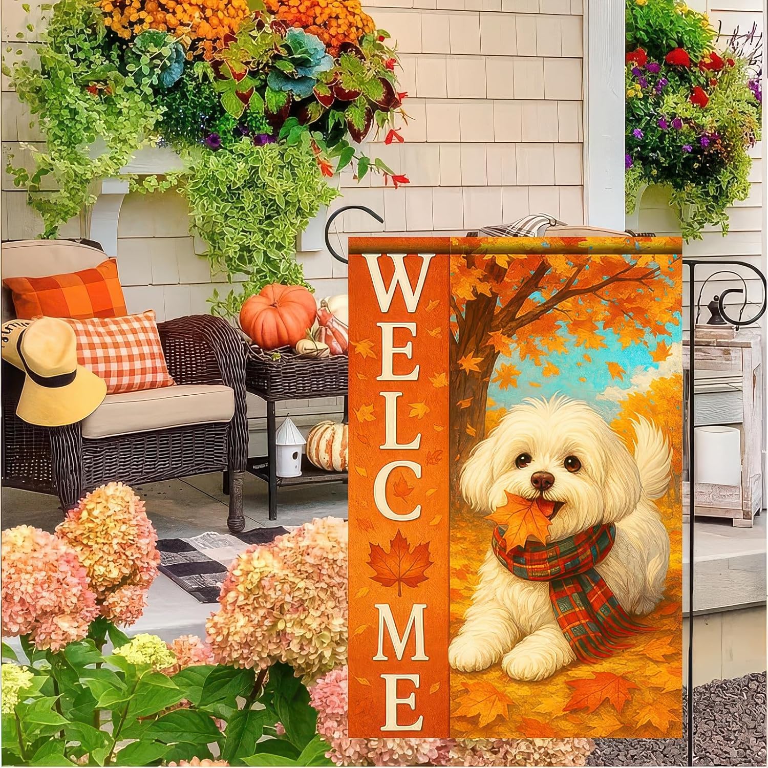 Thanksgiving Fall Garden Flag 12x18 Inch Welcome Bichon Frise Dog Outdoor Flag Double Sided Autumn Puppy Yard Banner with Plaid Scarf and Leaves Decor for Porch Lawn Patio - Image 4