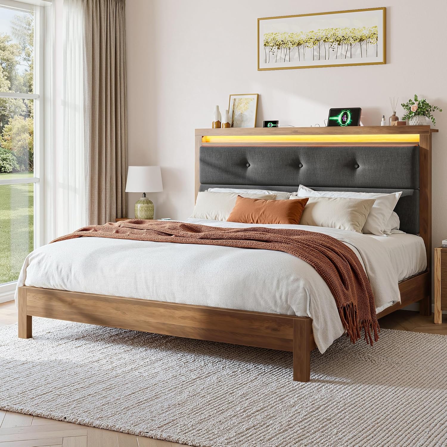 EnHomee Wooden Queen Size Bed Frame, Upholstered Queen Bed Frame with Bulit in Charging Station & LED, No Box Spring Needed, No Noise, Easy Assembly