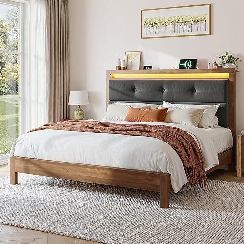 Miniatura 9 de EnHomee Marco de cama de madera tamaño matrimonial con estación de carga y luces LED, marco de cama matrimonial con cabecera tapizada, no necesita