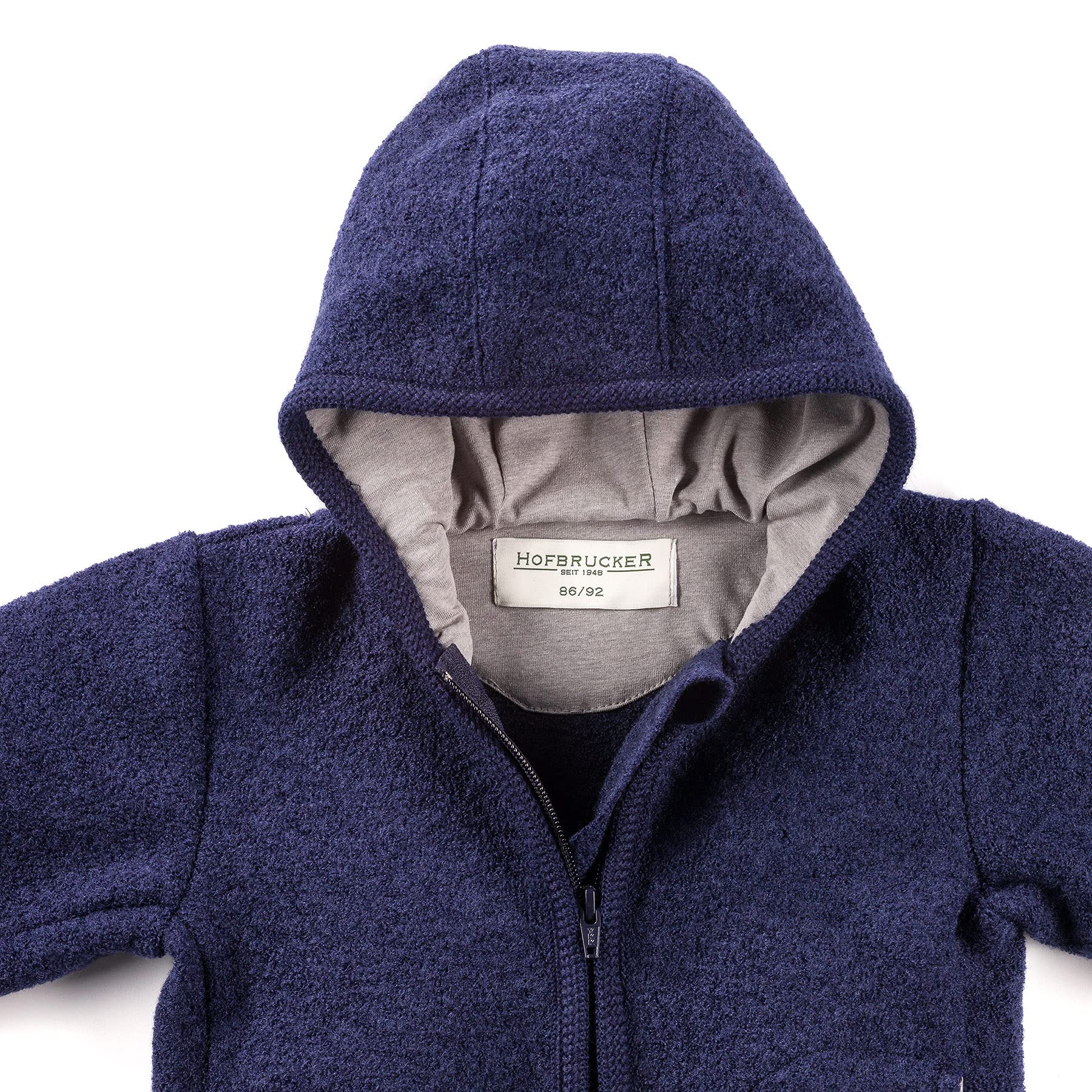 Hofbrucker Wollwalk - Chaqueta de lana merino con capucha para otoño a primavera, arándanos, 9 mes