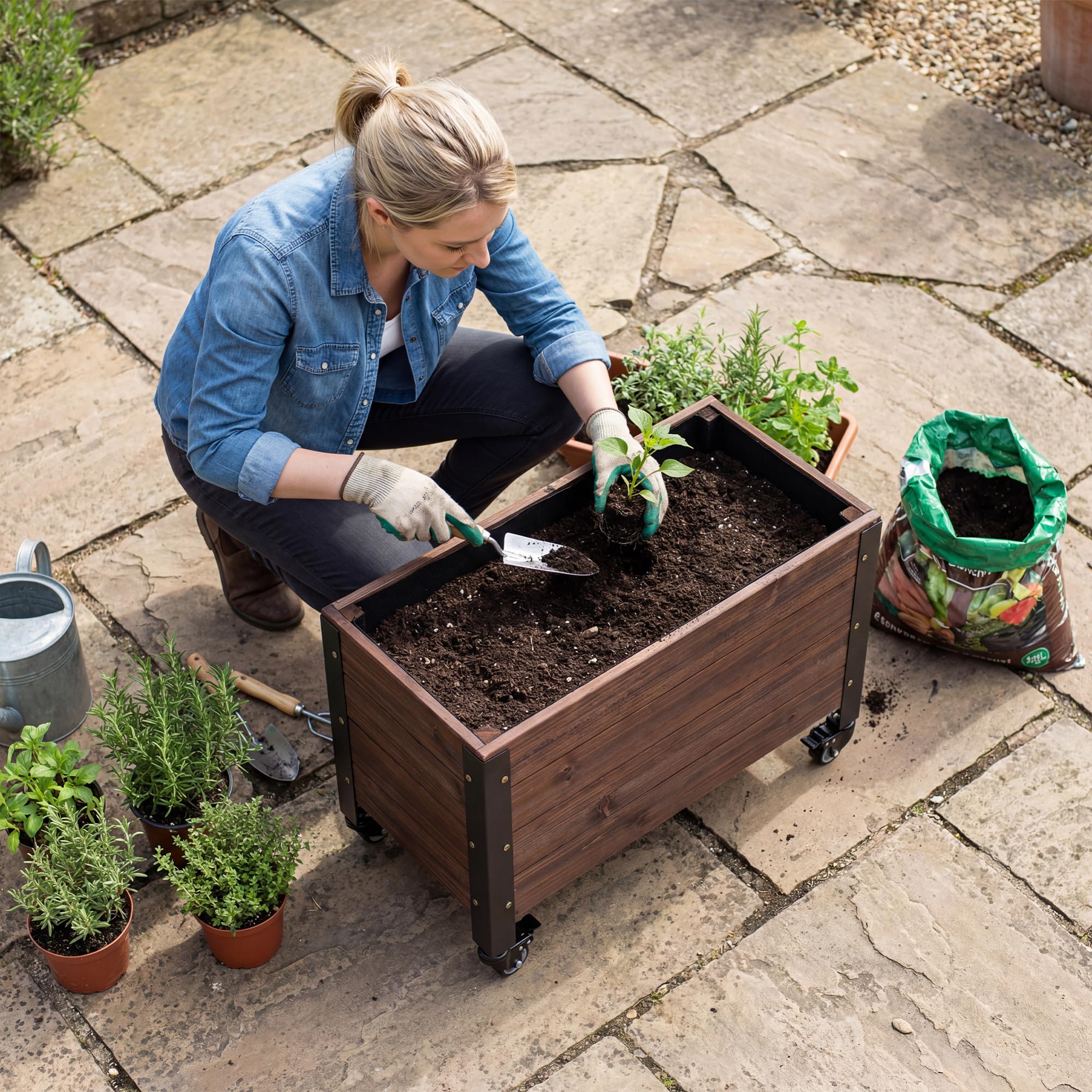 Outsunny Jardinière surélevée en Bois avec Roues, carré Potager de Jardin rectangulaire, Pot de Fleurs extérieur pour Herbes aromatiques et légumes, 60 x 30 x 41 cm, Marron