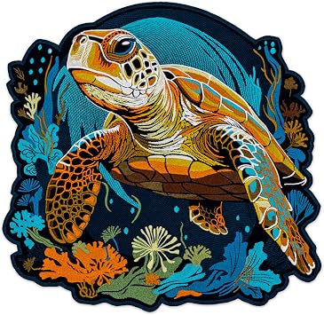 EMBROVERSE Lifelike Sea Turtle Large Back Patch - Realistic Oceanic Peaceful Animal, Coral Reef Nature, Marine Life Embroidered Iron-On Jacket Decor, 8 x 7.9 inches