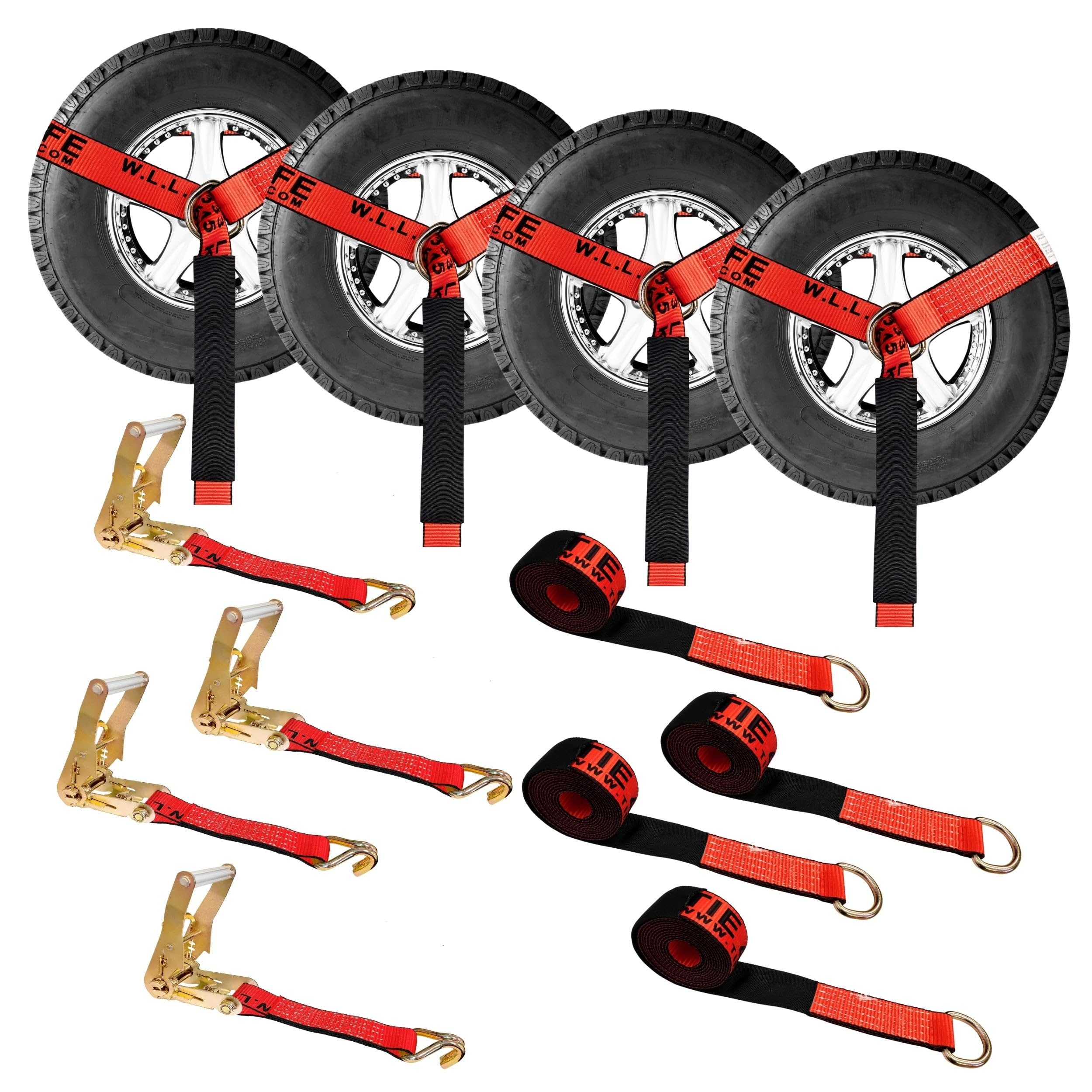 Mega Cargo Control 4 zestawy 5 cm x 25 cm D pierścień lasso pasek z (4) grzechotką 5 cm, (4) hak druciany J, (4) ochraniacz tulei wciągarki Lasso - (prezent) | zapadkowy holownik i ciągnięcie