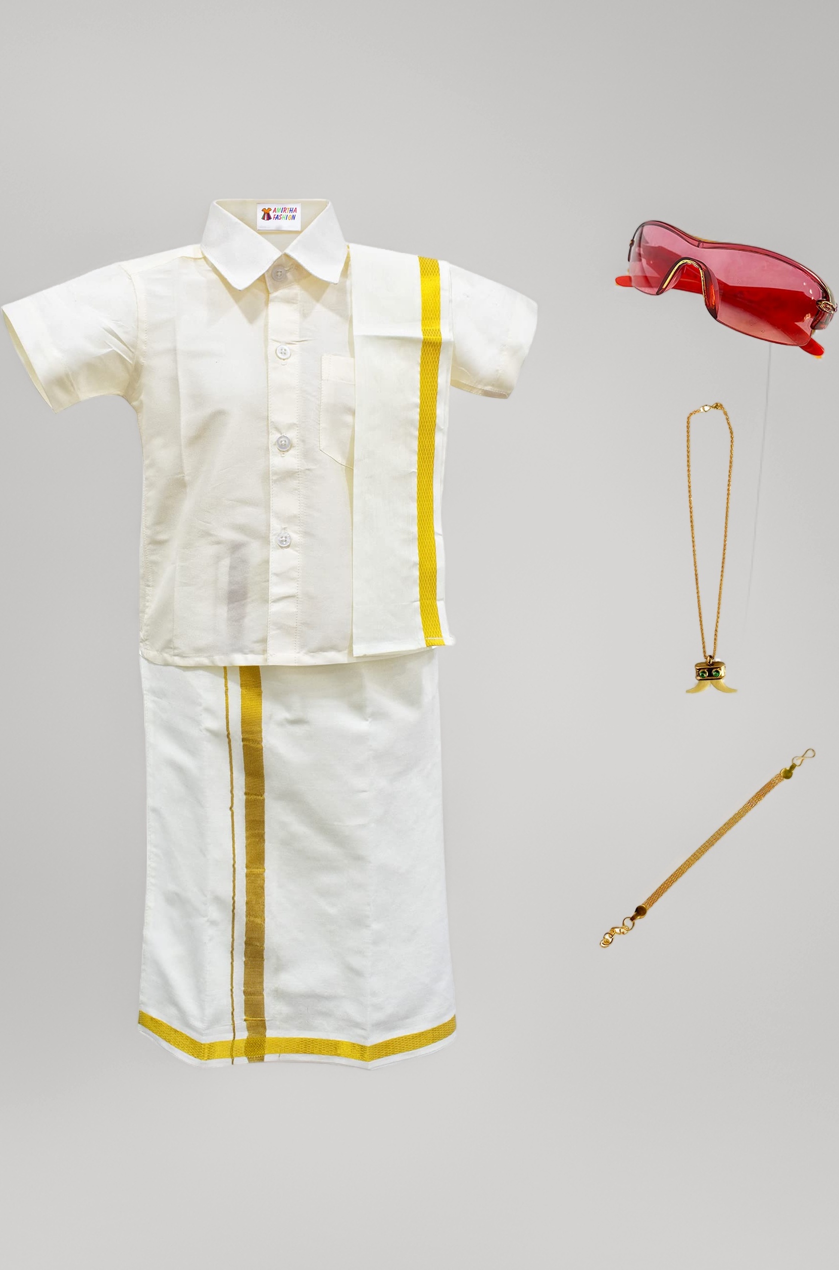 AMIRTHA FASHION Boys Traditional Dhoti & Shirts SET WITH ACCESSORIES (CREAM WHITE)
