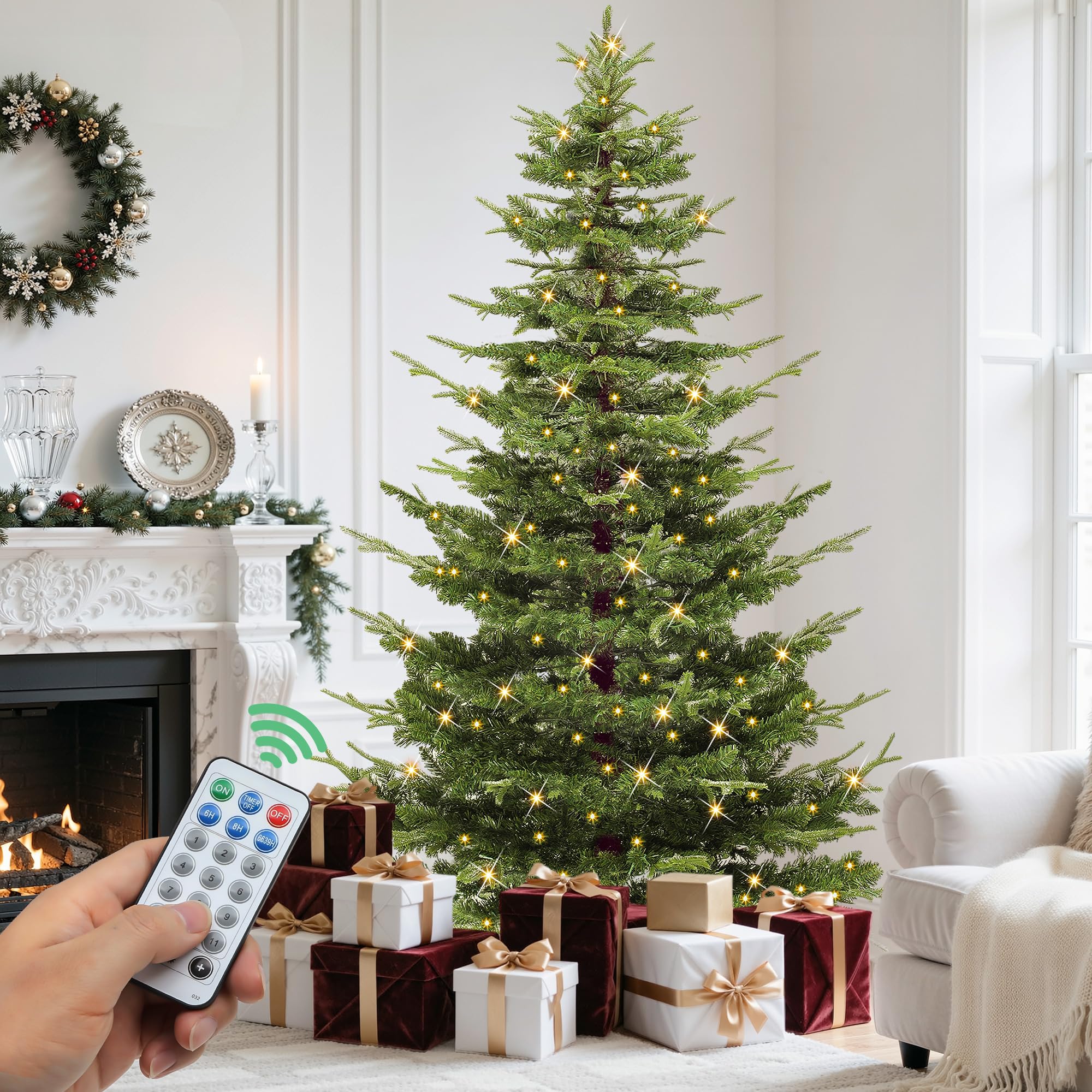 yitahome 6.5ft prelit aspen fir christmas tree with remote, artificial hinged prelit holiday xmas tree w/mixed pe & pvc tips, 500 color changing lights & 11 light modes, crystal-decorated pe tips