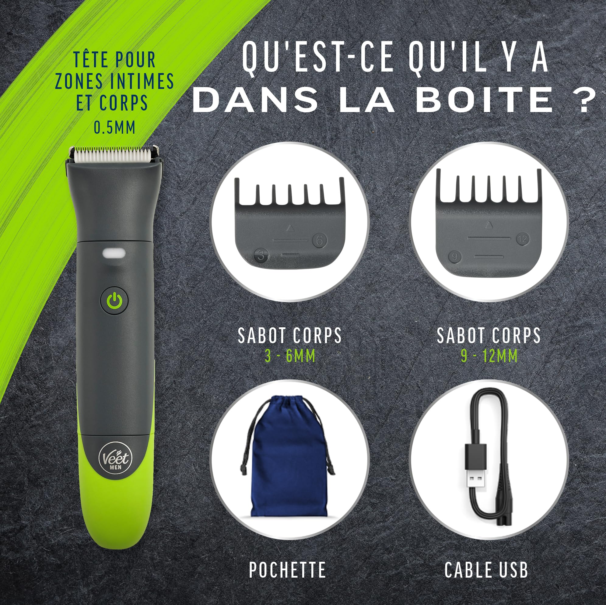 Veet Men Total ProTM* Tondeuse Intime Pour Homme - Rasoir électrique Multi-Usage pour Aine, Barbe et Corps – Chargeur USB – 100% étanche (IP67)