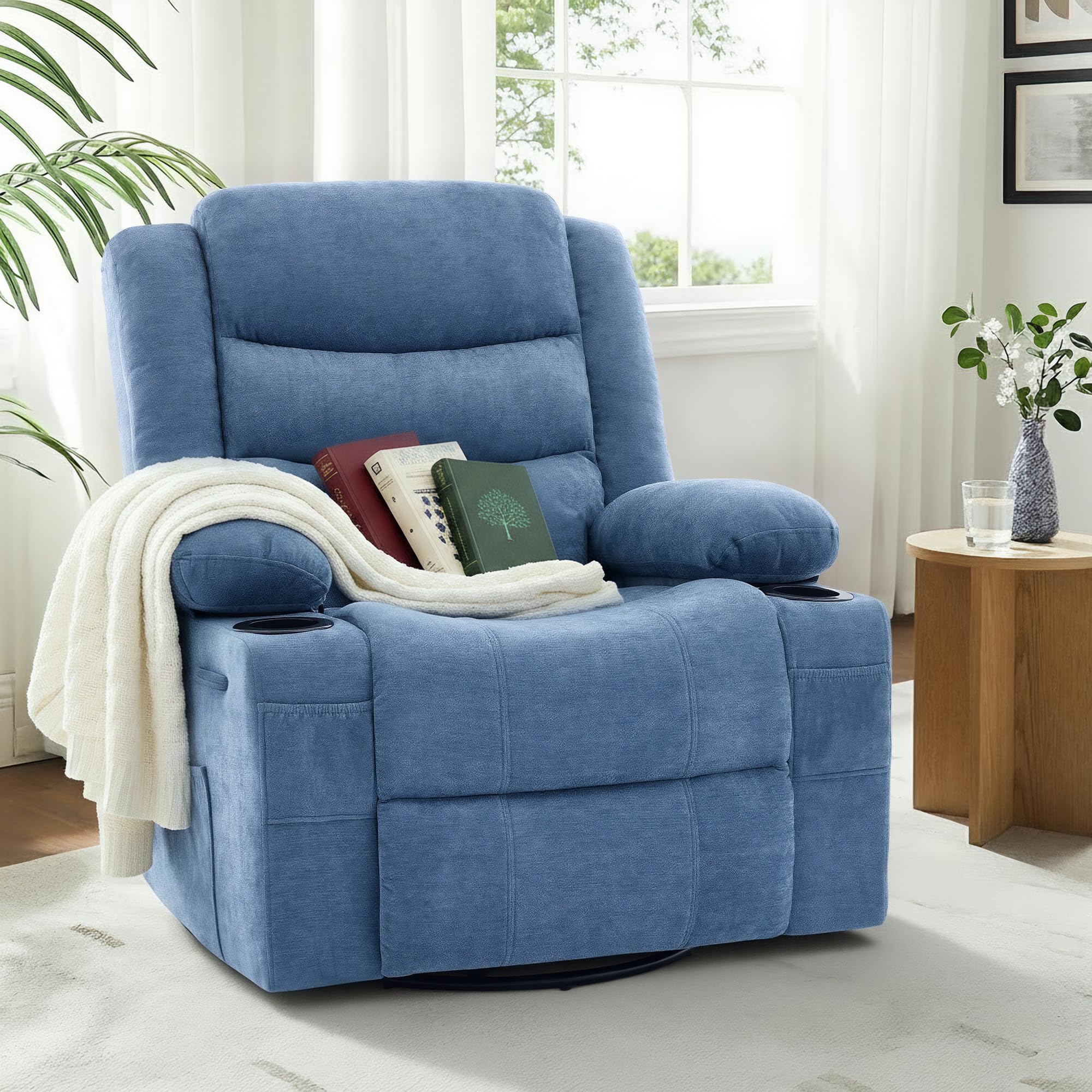 Swivel Rocker Recliner Chair, Manual Recliner Single Sofa with Cup Holders, Chenille Fabric, Modern Nursery Rocking Chair with Side Pocket for Living Room, Apartment, Blue