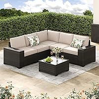 Jing's Villa 6-Piece Beige All-Weather PE Rattan Patio Sectional Sofa Set with Cushions, Glass Table & Wide Armrests - Outdoor Conversation Seating