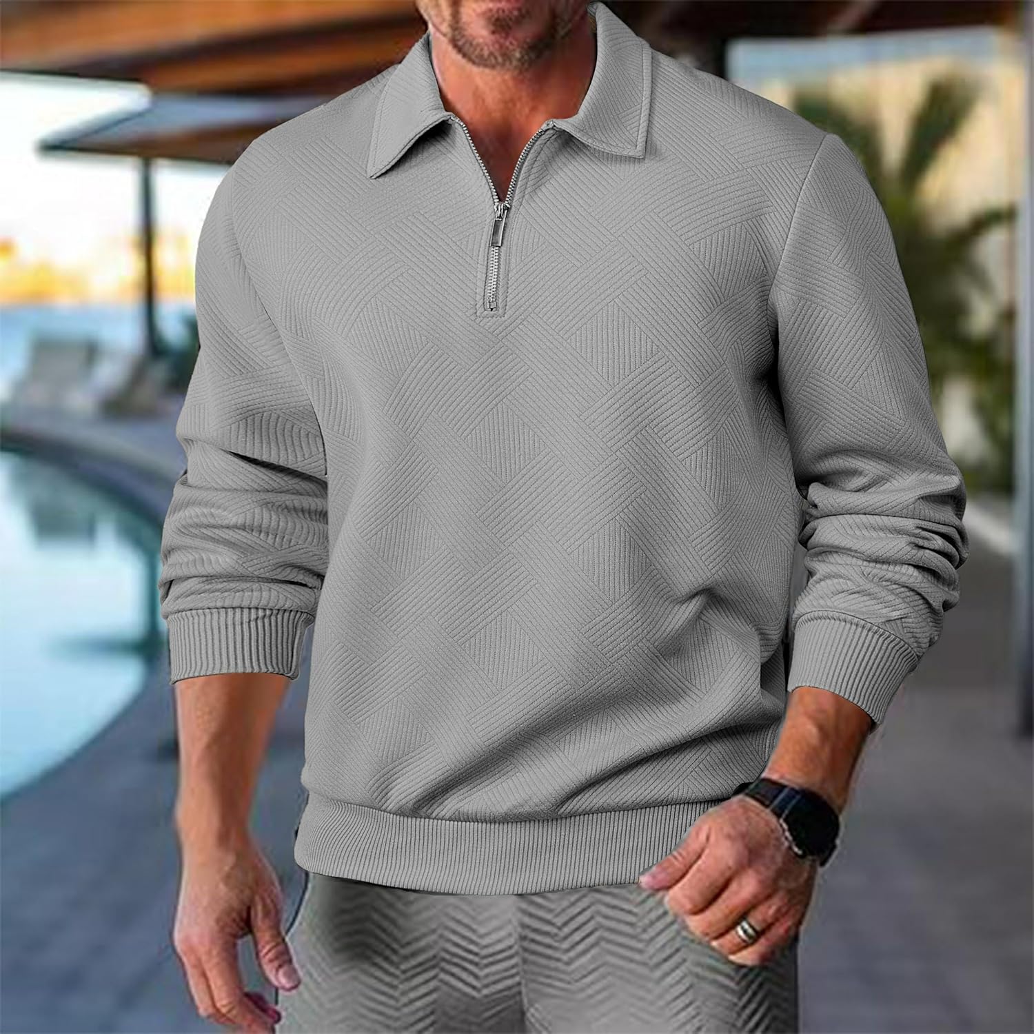 Mens Quarter Zip Pullover Mock Neck Knit Long Sleeve Sweatshirt Athletic Casual Polo Sweater - Image 2
