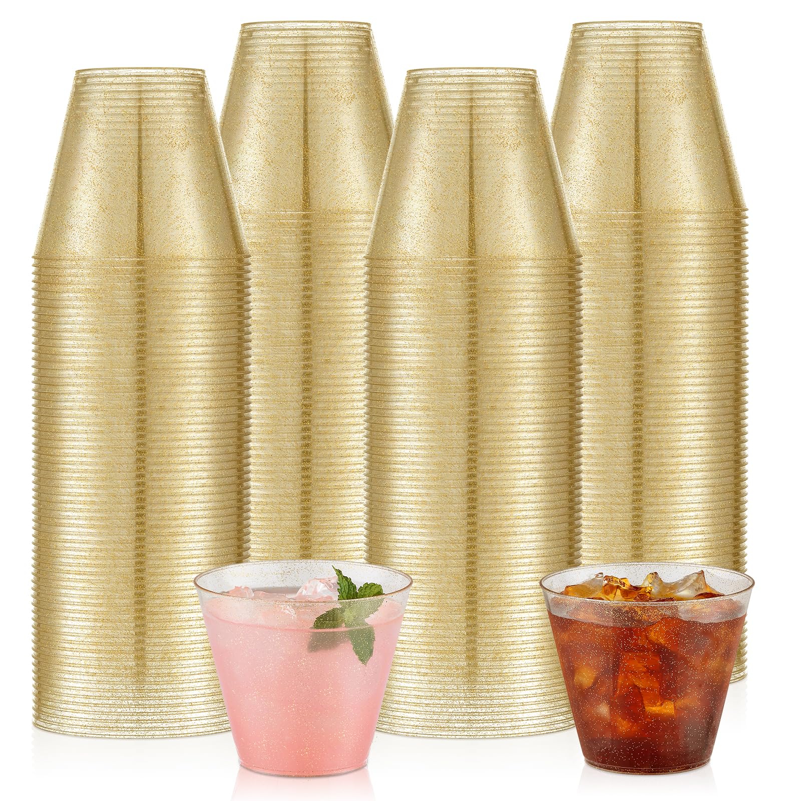 AOZITA 100 Pack - 9 oz Gold Glitter Plastic Cups, Disposable Gold Plastic Tumblers Cups, Hard Plastic Cups for Wedding Birthday Baby Shower Party