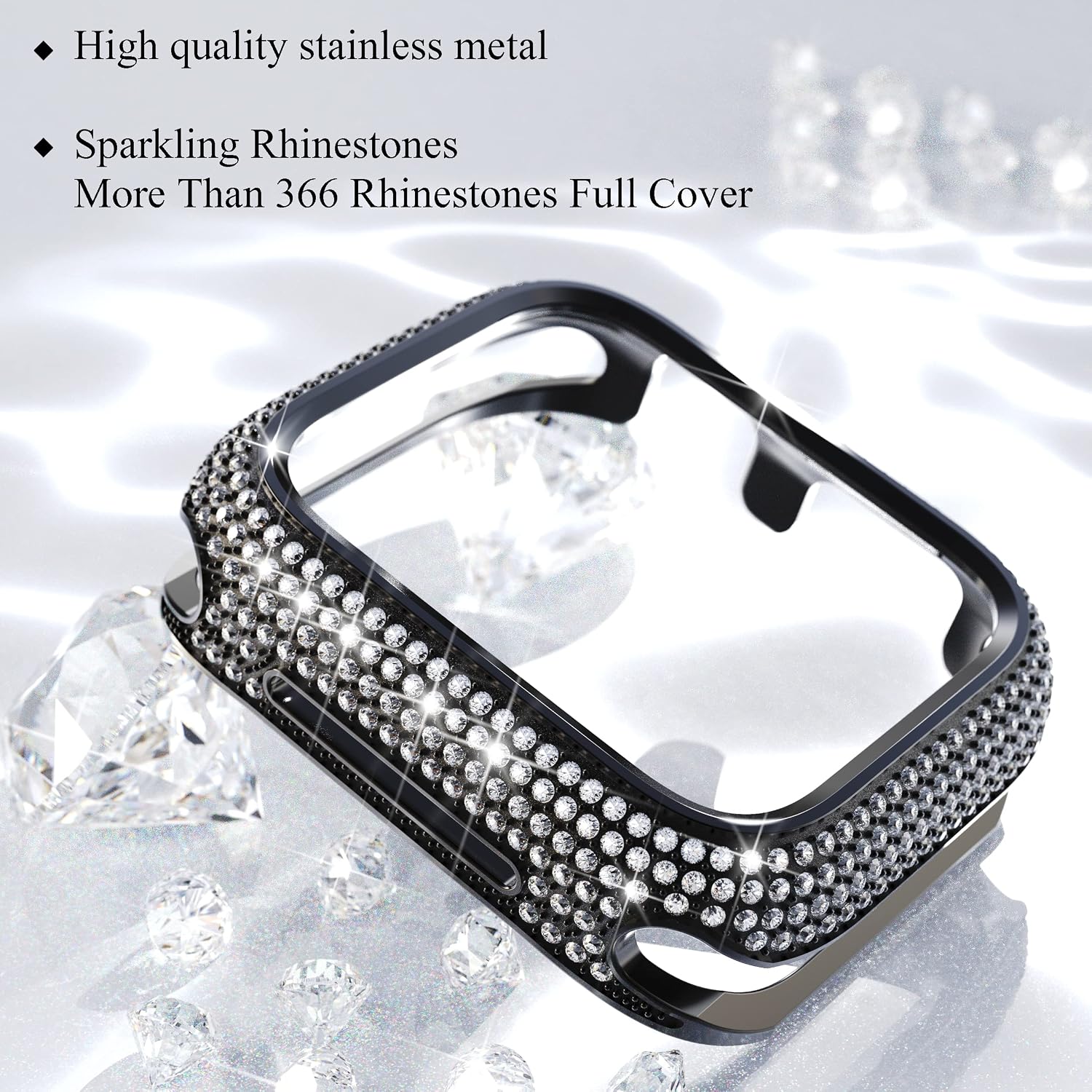 Bling Cases Compatible with Apple Watch 45mm Series 7/Series 8, Stainless Metal Protective Case with Sparkling Rhinestones Diamond Bezel Cover Case for Women Girl, Black image 2