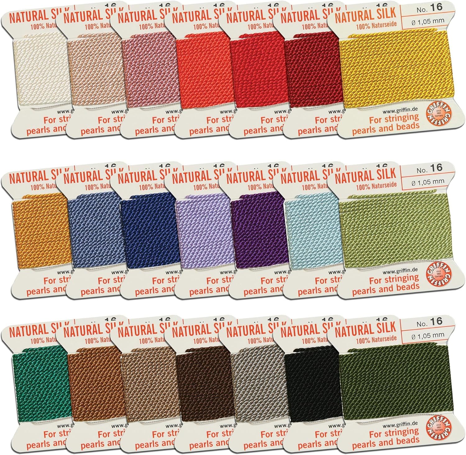 Griffin Silk Bead Cord Perlseide – Size 16 (1.05mm) 21 Color Sampler – 2 Meters per Card – Stainless Steel Needle Attached – for Knotting Pearls, Gemstones, Crystals and Beads