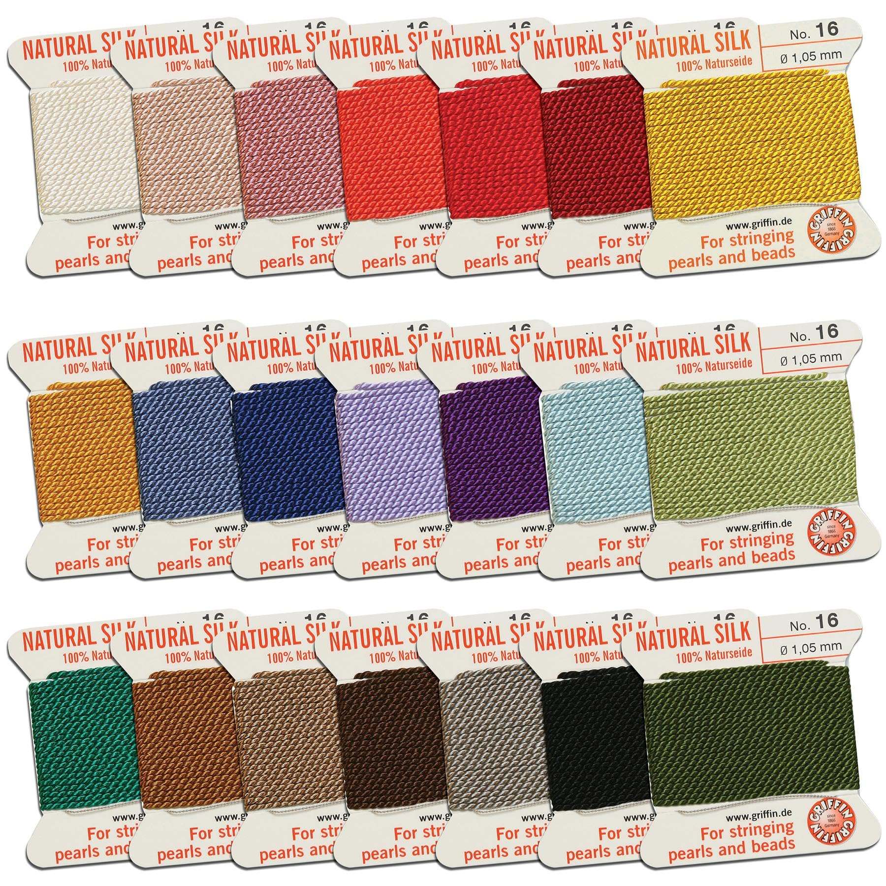 Griffin Perlseide Cordon de perles en soie - Taille 16 (1,05 mm) - 21 couleurs - 2 mètres par carte - Aiguille en acier inoxydable attachée - pour nouer des perles, pierres précieuses, cristaux et