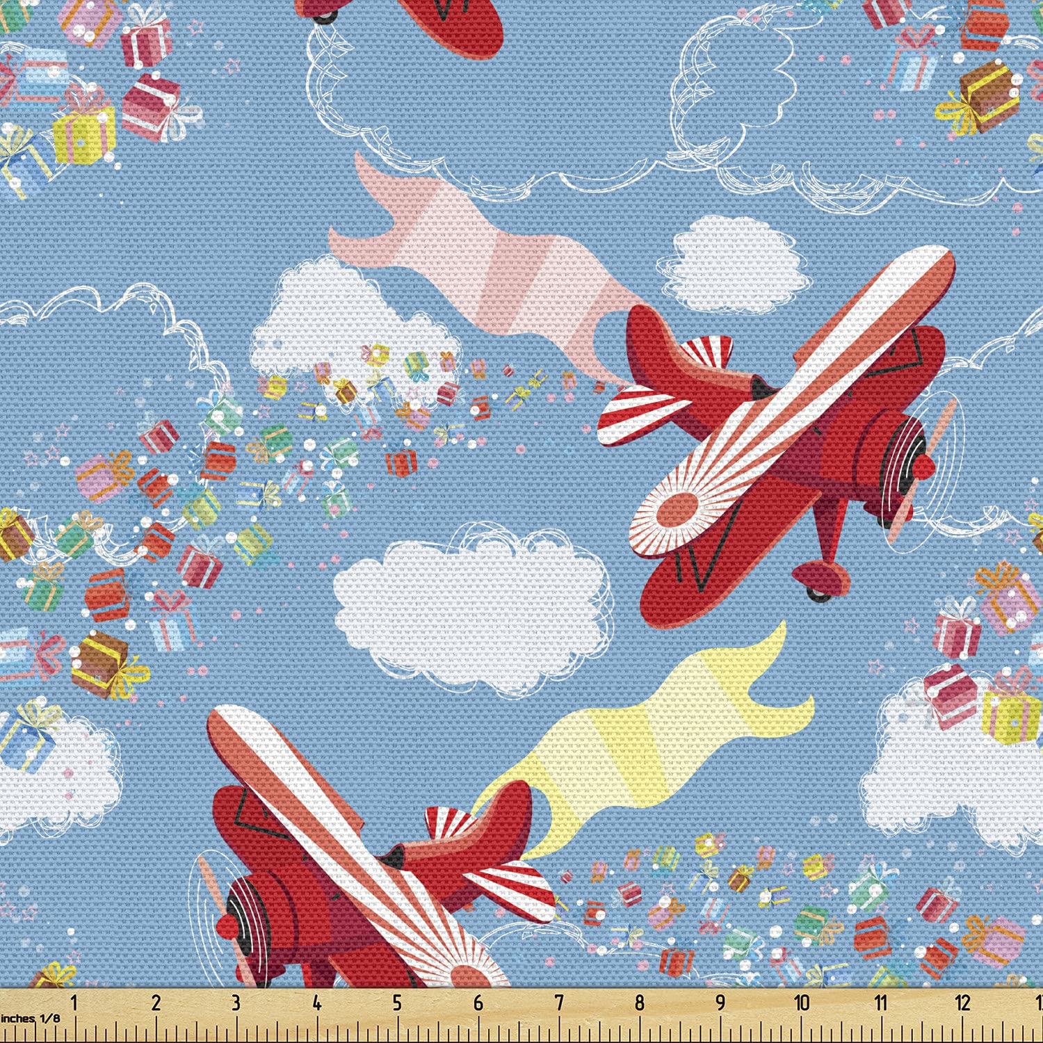 Ambesonne Airplane Fabric by The Yard, Retro Biplanes with Pennants Throwing Present Boxes Announcement Celebration Art, Decorative Fabric for Upholstery and Home Accents, 2 Yards, Blue Red