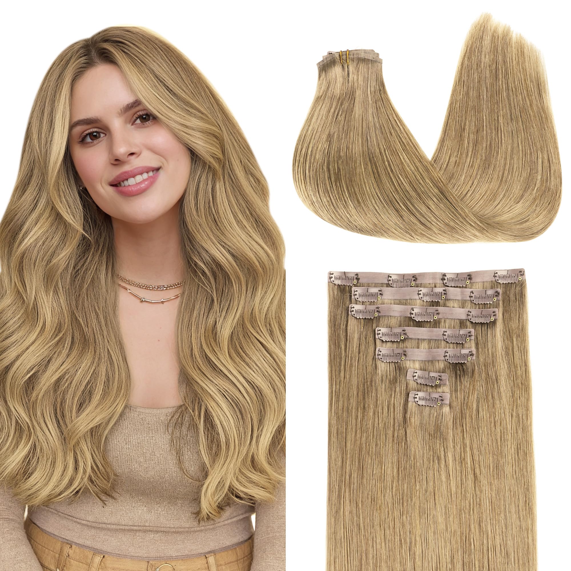 GOO GOO Clip in Hair Extensions Real Human Hair, Remy Human Hair Extensions Clip ins for Women, Natural Human Hair, 22inch 110g 7Pcs, 7 Bronde