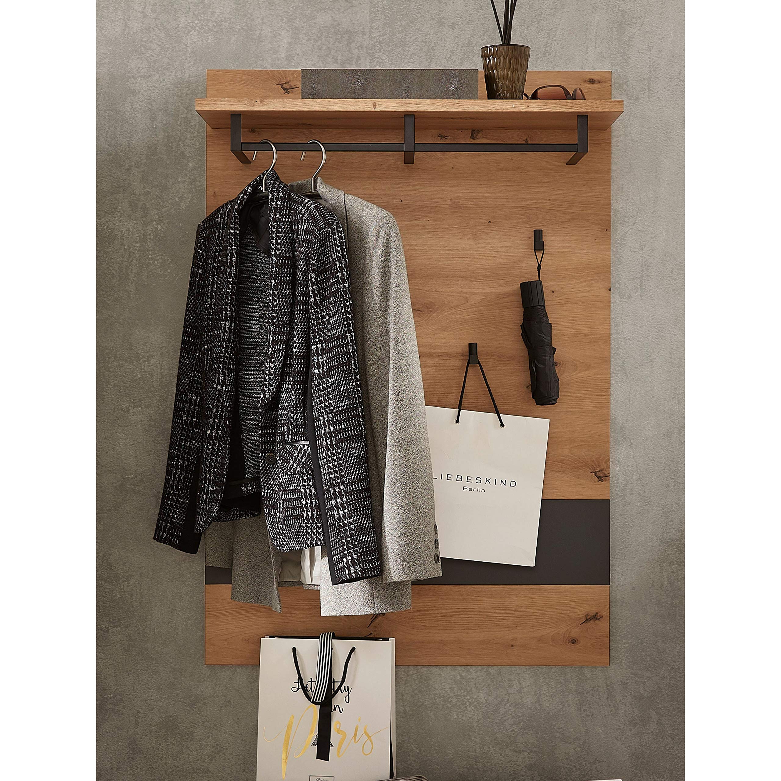 Stella Trading Garderobenpaneel in Artisan Eiche Optik Graphit - Moderne Hutablage & zuverlässige Wandhaken für Jacken & Taschen - 80 x 118 x 30 cm (B/H/T) | Wandgarderobe für den Flur mit 4 Wandhaken aus Metall, Ablageboden und integrierter Kleiderstange