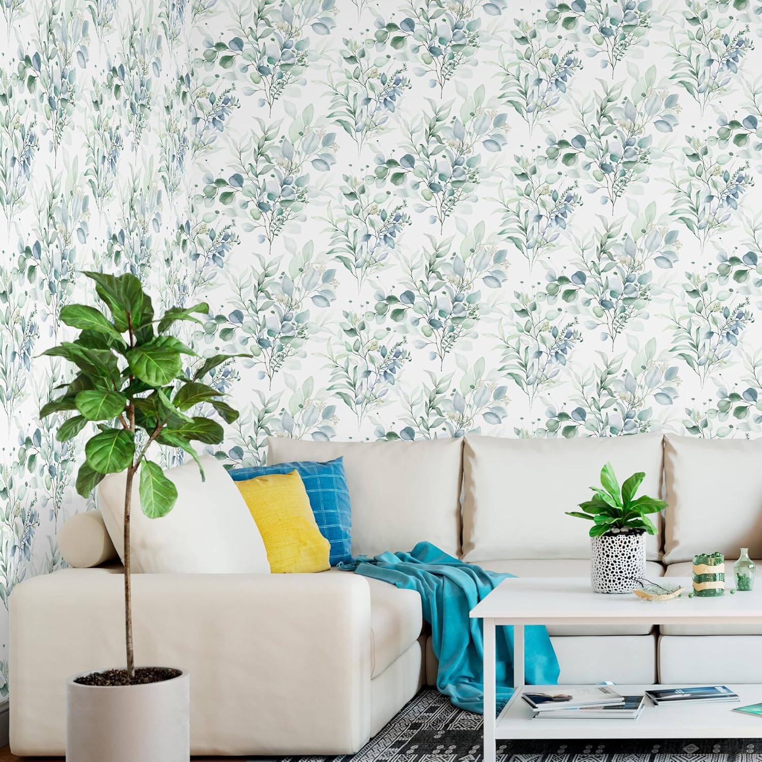 Boho Green Eucalyptus Leaf Peel and Stick Floral Wallpaper Removable Waterproof Contact Renter Friendly Wall Paper for Desk, Kitchen Cabinets, Bathroom, Bedroom Decor 17.3" x 79" TH8095-2