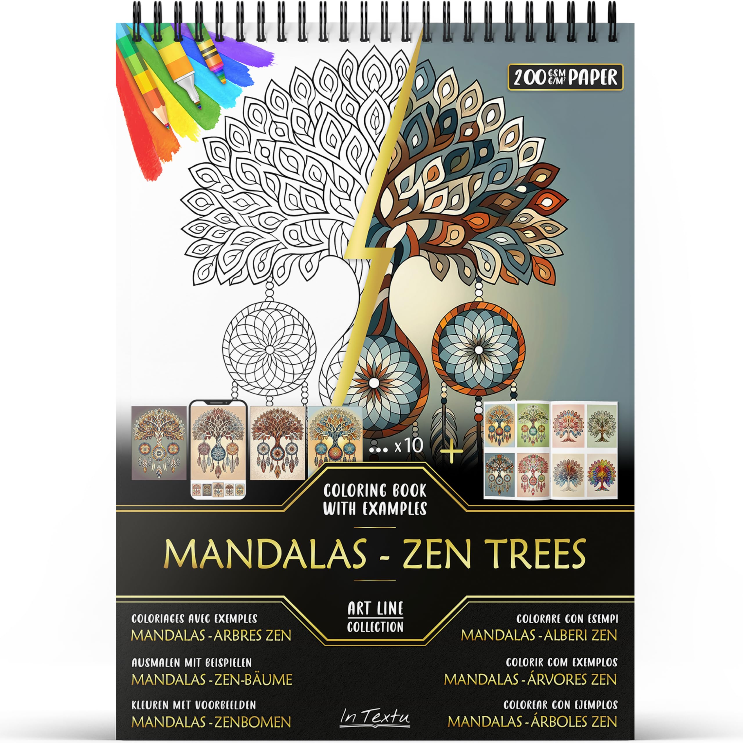 In Textu Colouring Book – Mandalas - Zen Trees – Coloring Book For Adults And Teens With Inspiring Colored Examples – Premium 200 Gsm Paper – Fine Spiral Binding – Relaxing And Meditative Coloring Book