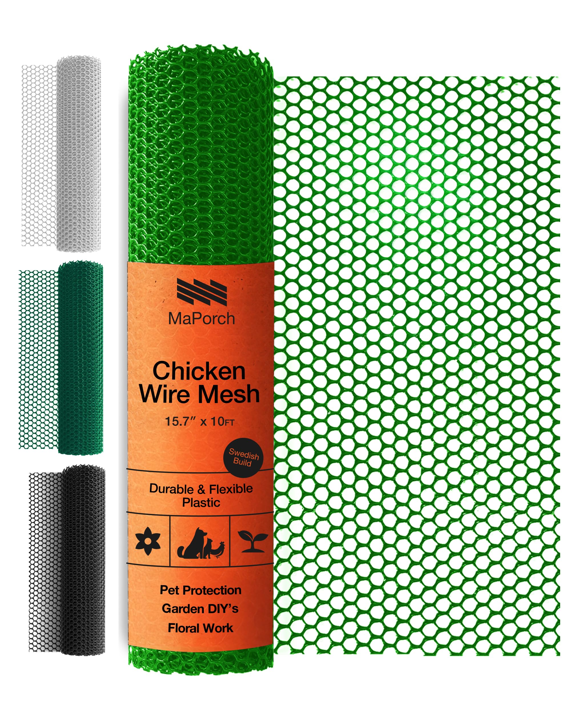 MaPorch Plastic Chicken Wire Mesh Fence - Green Mesh, 15.7 in x 10 ft - Weather-Resistant Protection & Animal Barrier Fence - Easy-Cut Netting for Garden Fencing - Quick-Install Poultry & Pet Netting