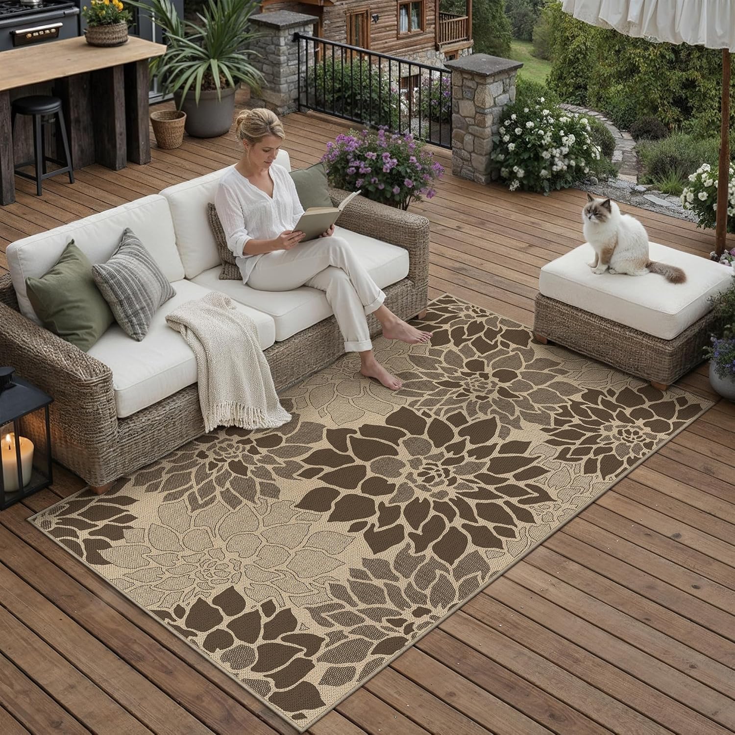 PureCozy 3x5 Easy Jute Outdoor Rug Brown Floral Textured Indoor Outdoor Area Rug Farmhouse Patio Doormat for Backyard, Patio, Porch, Easy-Cleaning, High Traffic, Pet-Friendly, Non-Shedding
