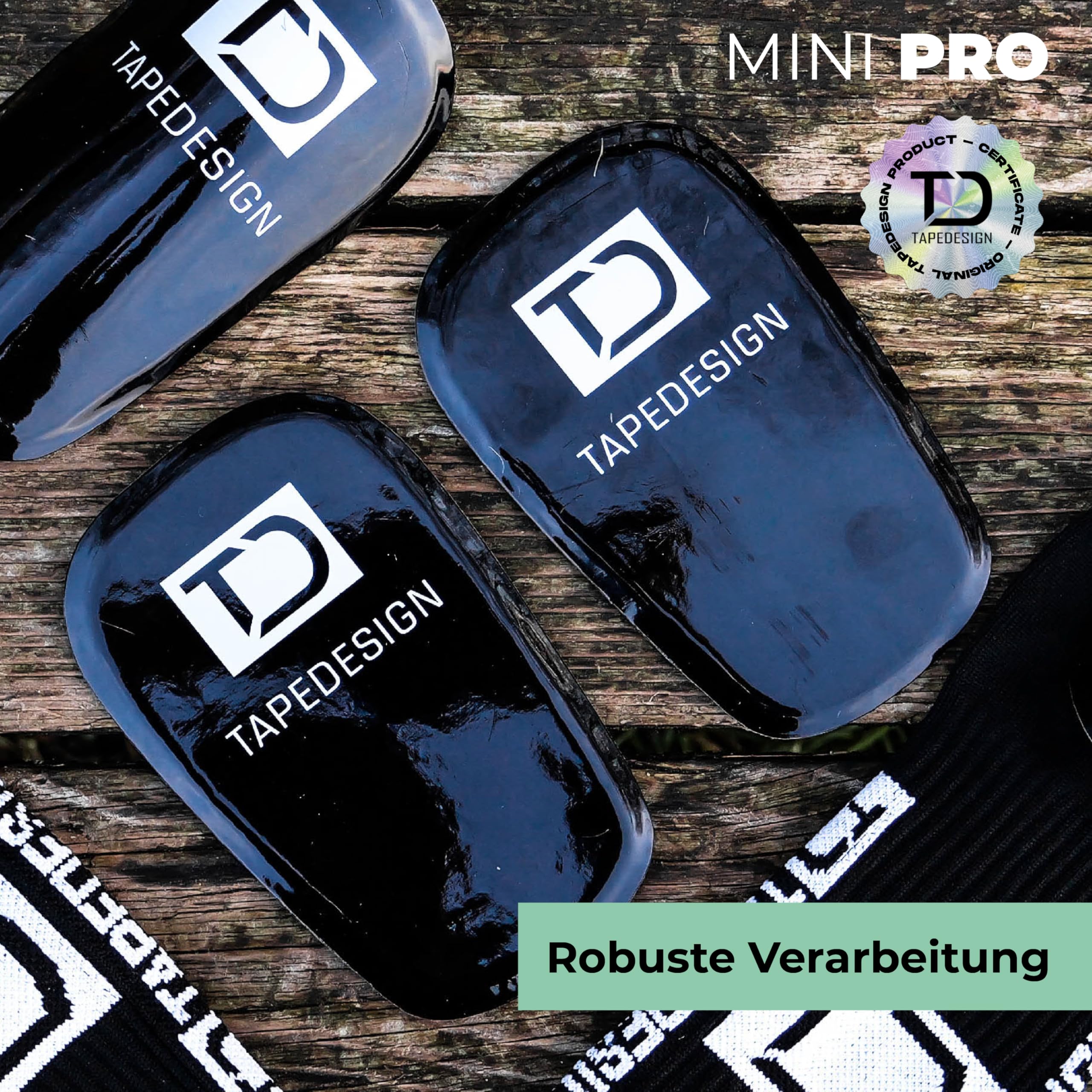 TAPEDESIGN – Schienbeinschoner Fußball Herren Schwarz – Ultraleicht, flexibel & rutschfest – Individuell anpassbare Shin Pads – Mini Schienbeinschützer, Kinder & Erwachsene