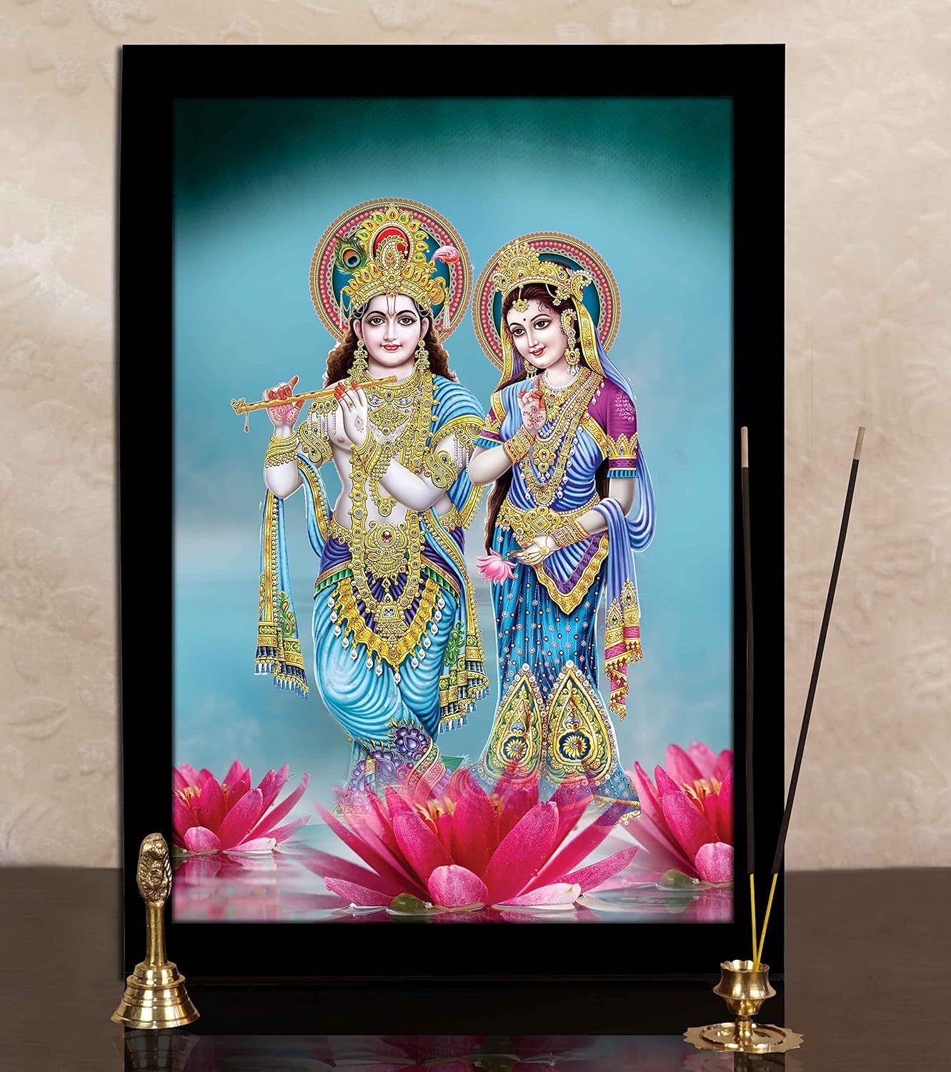 Lord Krishna & Radha On Lotus Decorative Religious Poster With Frame Auspicious Hindu God Photo Frame For Gift Purpose-12 x 18 Inches