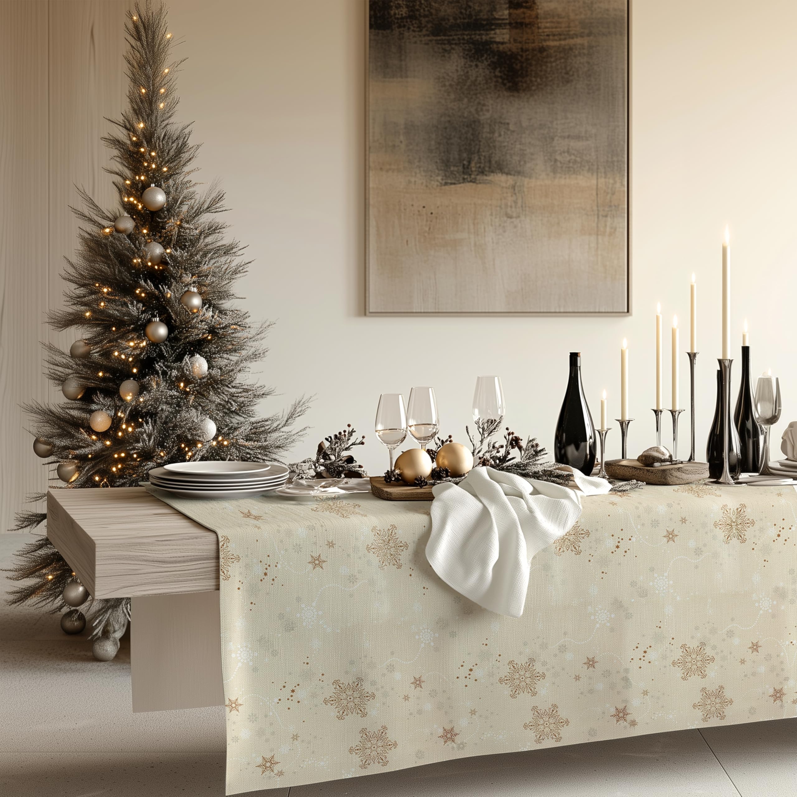 KP HOME Beige Christmas Ornaments PVC Wipe Clean Tablecloth Oilcloth Square 140 x 140 cm - Cream Gold Festive Snowflakes Table Cloth -Embossed Thick Wipeable Vinyl Plastic Table Cover Waterproof