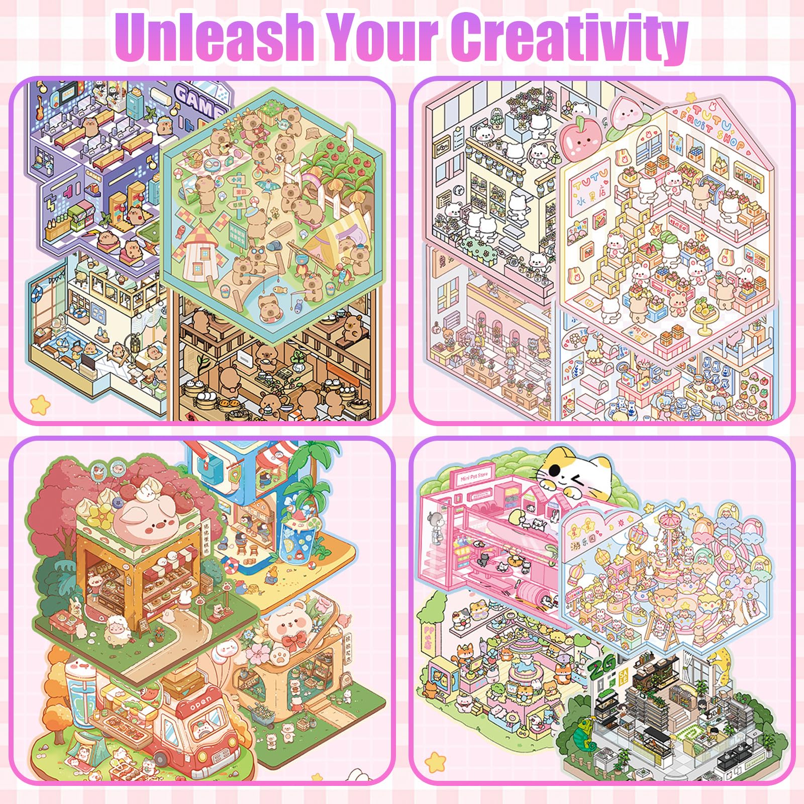 Vspek Creative Scene Sticker Book, 20 Sets DIY 3D House Stickers Kit, Panda Capybara Stickers Stress Relief, Miniature Scene Sticker Therapy, 2 Pink Tweezers, Christmas Halloween Gifts for Adults - Image 4