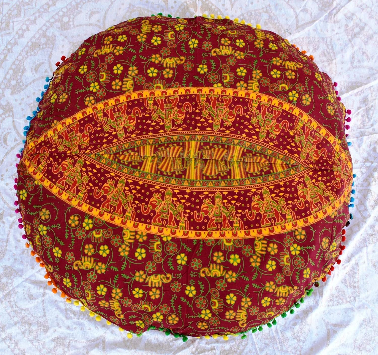 Floral Mandala Peacock Camel Floor Cushions, Decorative Throw Pillowcases 32", Indian Pouf, Boho Ottoman, Pom Pom Outdoor Cushion, Pillow Shams,