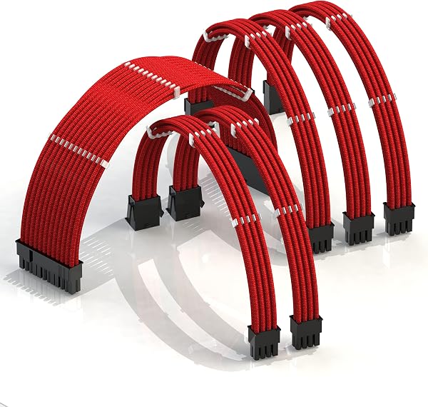 LINKUP - AVA 30cm PSU Cable Extension Sleeved Custom Mod GPU PC Braided w/Comb Kit - Compatible with RTX3090 | 1 x 24 P (20+4) | 2 x 8 P (4+4) CPU | 3 x 8 P (6+2) GPU set | 300mm - Red - 1