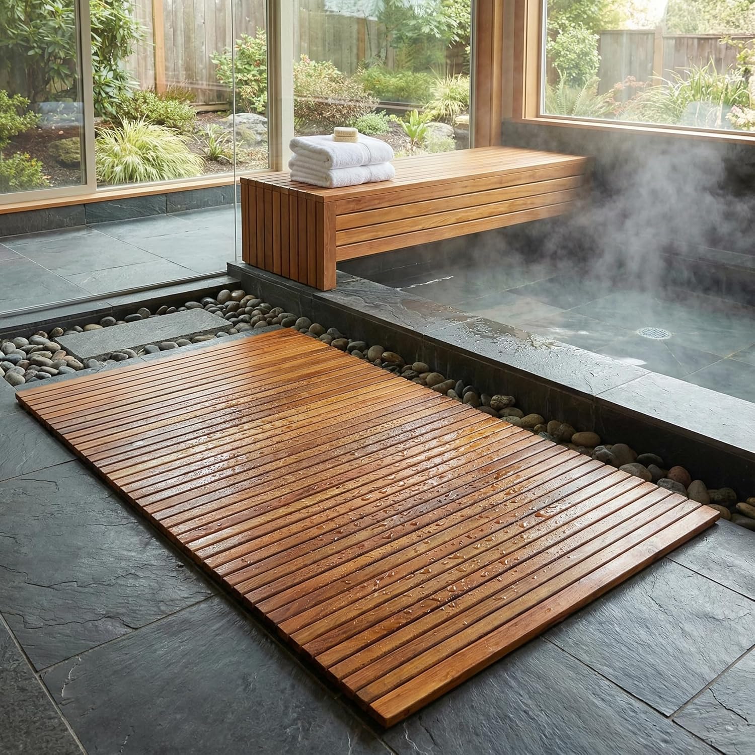 Bare Decor Oskar String Spa Shower Mat/Rug in Solid Teak Wood Oiled Finish, X-Large: 3' x 5'