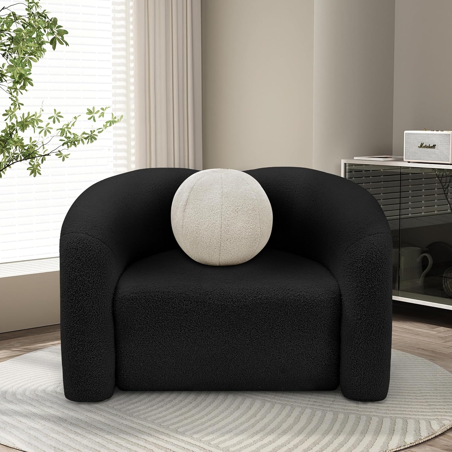 Meridian Furniture 186Black-C Kali Collection Modern | Contemporary Chair with Soft Black Faux Shearling Teddy Fabric, Curved Back, Pillows Included, 40" W x 32.5" D x 26" H, Black