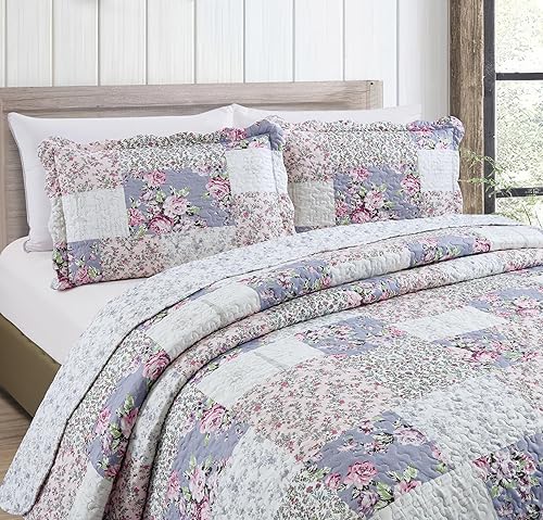 Miniatura 272 de Brilliant Sunshine Juego de edredón de 3 piezas con 2 fundas de almohada, diseño de corazón gris, diseño floral y de encaje, colcha reversible