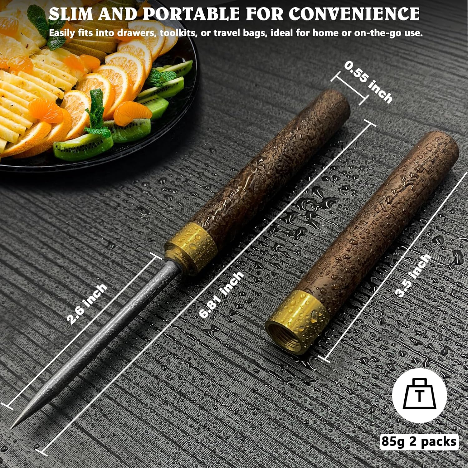 2 Pack Stainless Steel Ice Pick, 6.8 Inch with Ebony Handle & Safety Cap