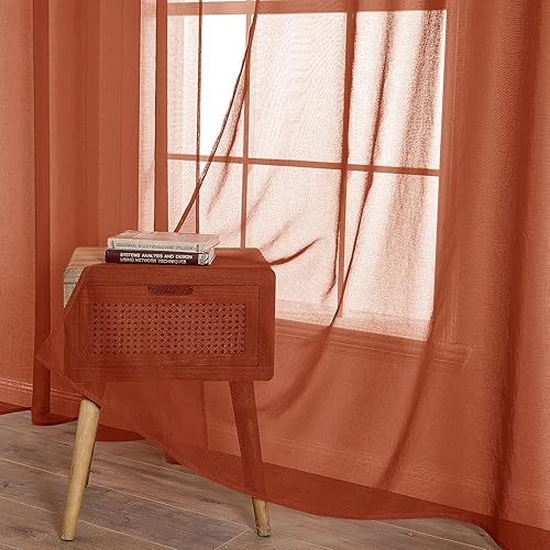 Miniatura 5 de MIULEE 2 paneles de cortinas semitransparentes de terracota elegantes con ojales en la parte superior, cortinas de gasa con textura de lino para