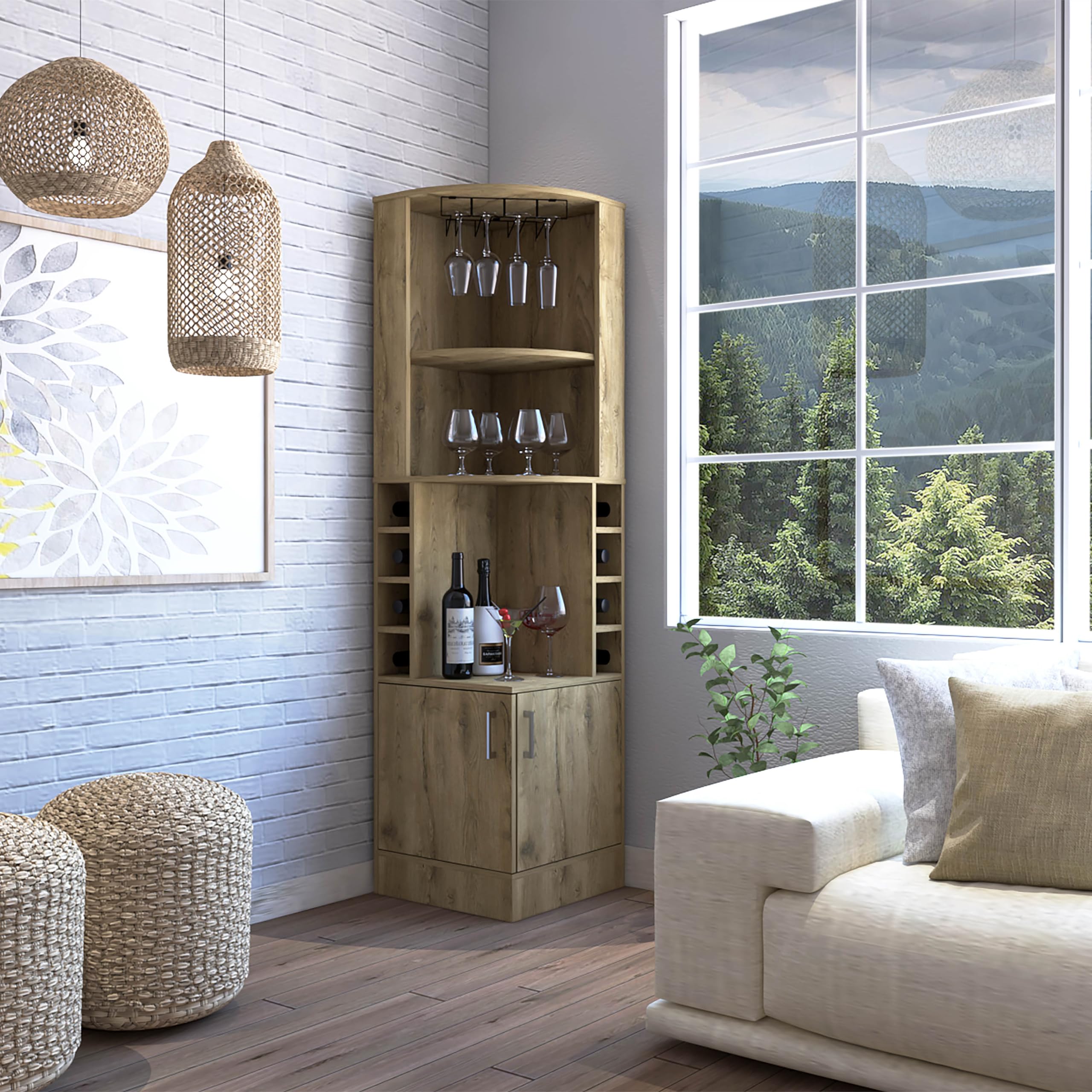 71" 8-Cubby &amp; 2-Shelf Bar Storage Cabinet, Kitchen Pantry Cabinets with Double Doors, Versatile Cabinets with Space-Efficient Corner Design for Kitchen, Mahogany