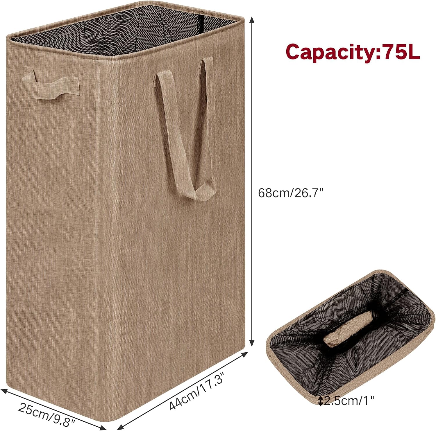 efluky Slim Laundry Basket, Narrow Laundry Hamper with Handles, Collapsible Dirty Clothes Hamper, Tall Laundry Bin for Laundry Room, Dorm and Bedroom, 19.8 Gallon (75L) Flax Brown image 2