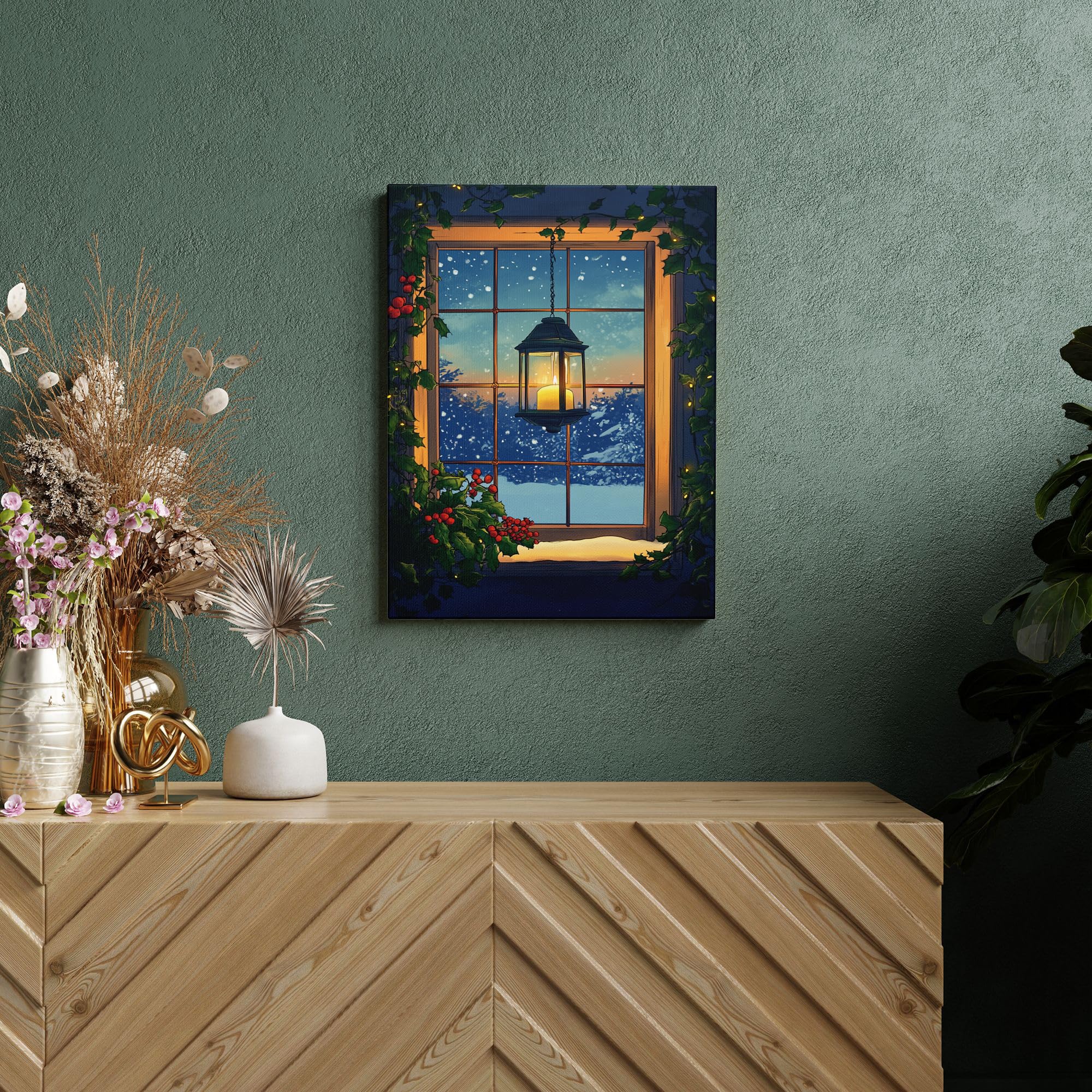 Set Da 2 Tele Illuminate Con Lanterna Invernale – Decorazione LED A Batteria Con Scena Innevata – 30x39 Cm