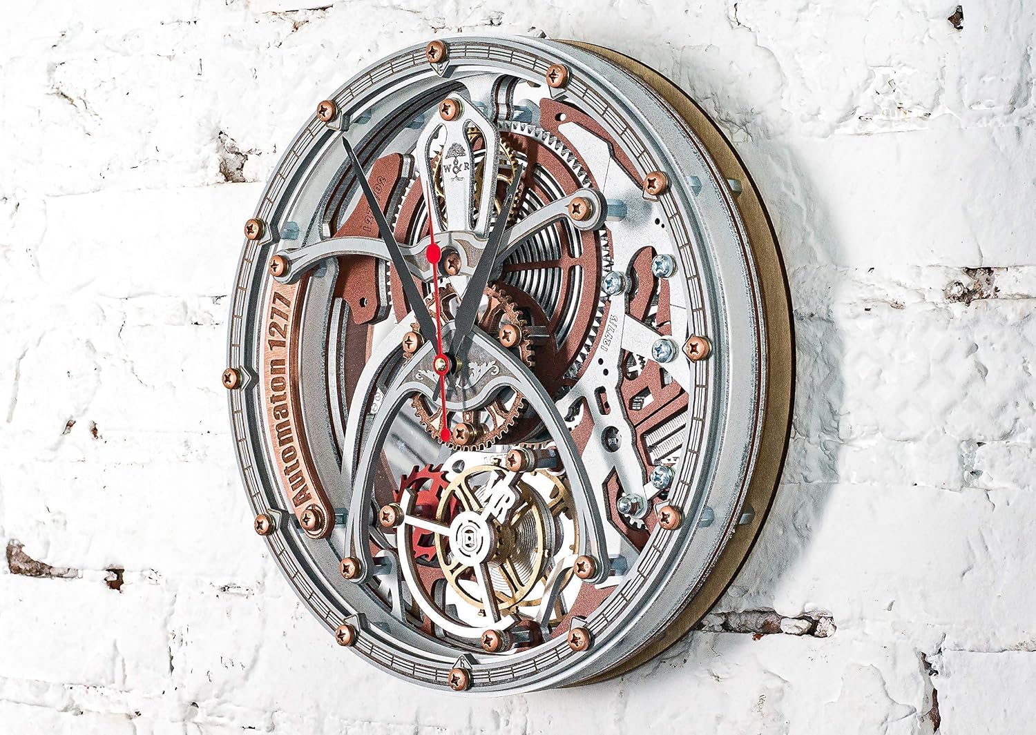 Automaton Tourbillon 1277 White Gray Custom made Wall Clock, Handcrafted Steampunk Decor, Mechanical moving Gears, Wooden Home Kitchen Living Room and Office design, Personalized Decorative Art, Gift