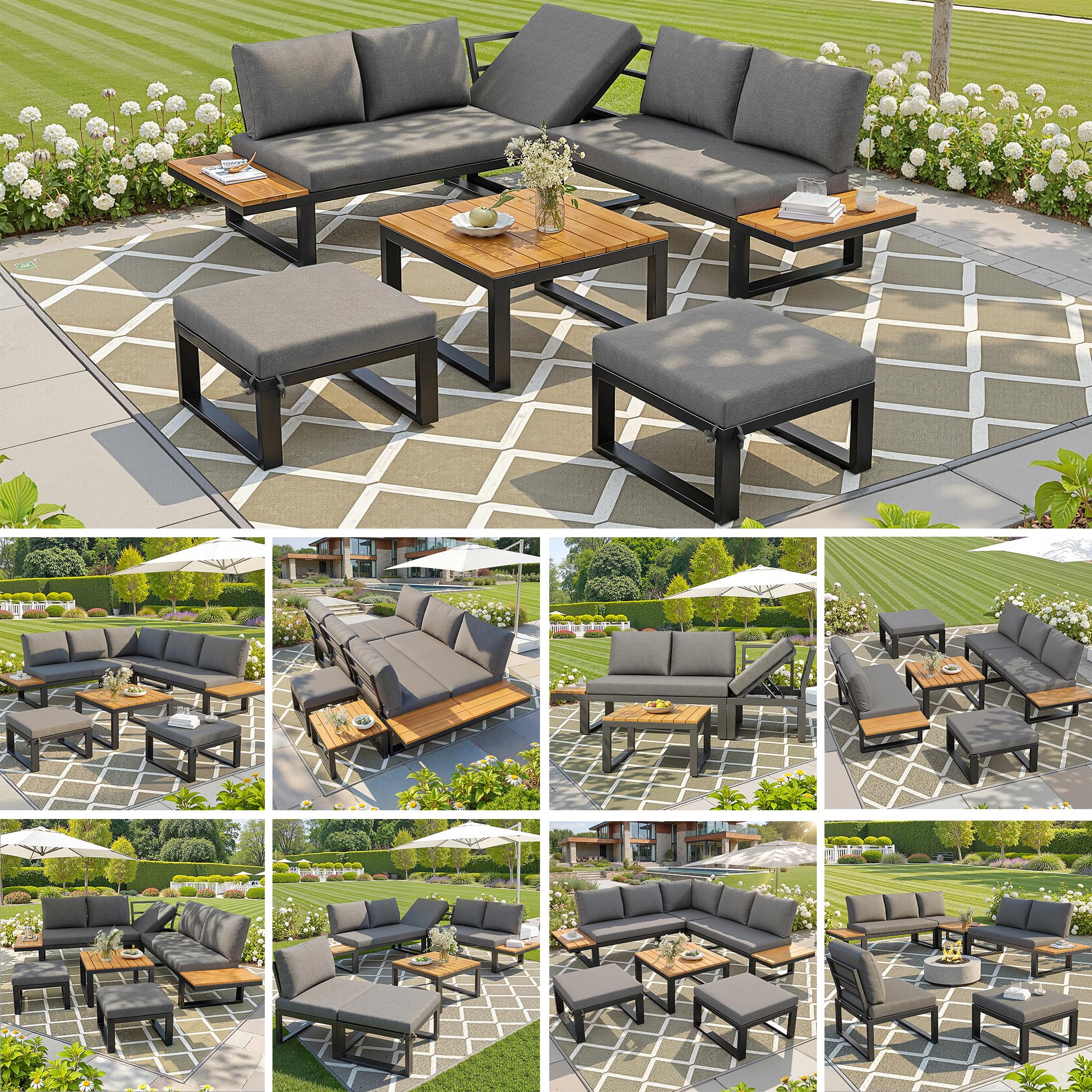 Kebnor Juego de salón de jardín de 6 piezas con respaldo ajustable, sofá esquinero con mesa de café y taburetes, estructura de acero resistente a la intemperie, cojines de asiento en gris/beige, para