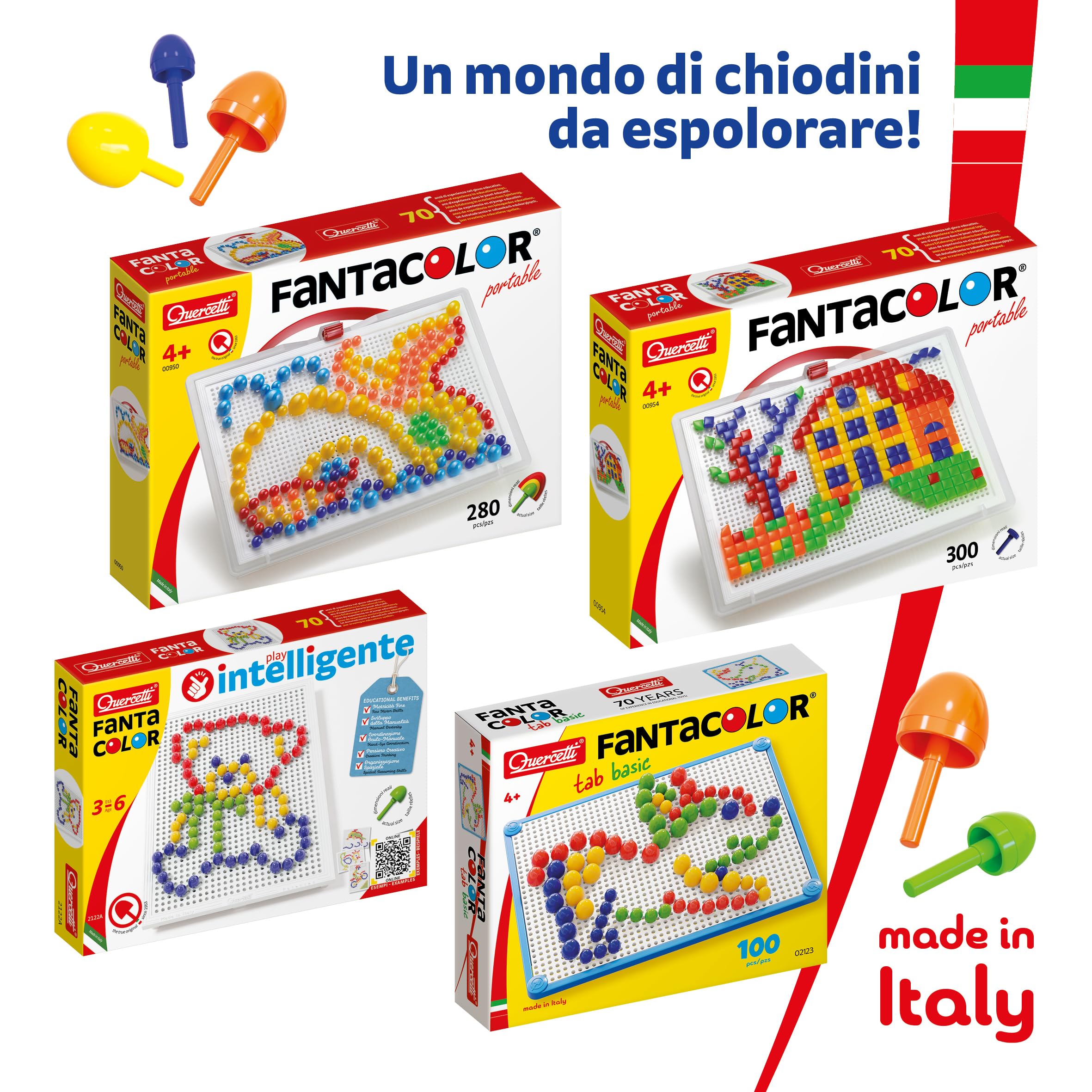 Quercetti FantaColor Tab 150 Chiodini per Bambini 3 anni, Giochi da Tavolo Bambini 3-6 Anni, Educativo e Creativo, con Tavoletta, Guida e Cestello, Giochi 3 Anni fino a 6 Anni, Made in Italy