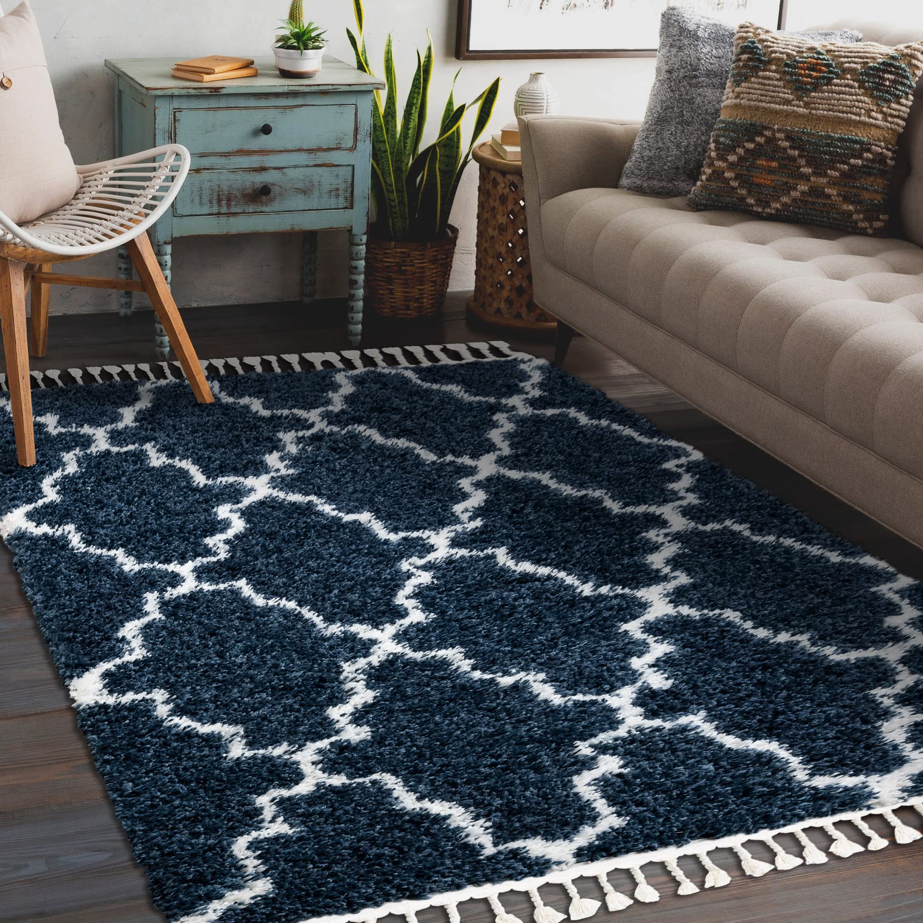 Tapis de chambre ado rugsx bleu et crème | Ambiance cosy shaggy 180x270
