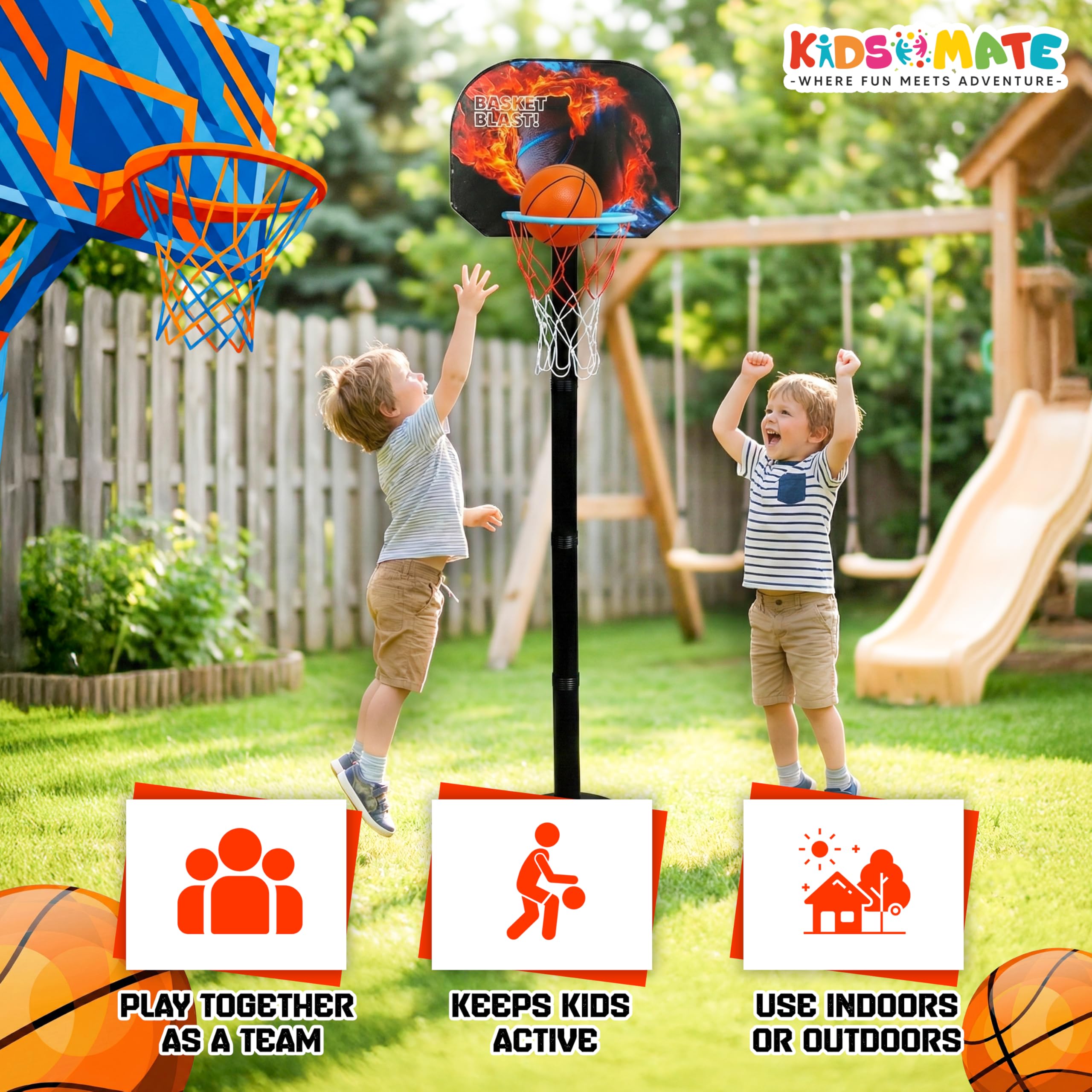 Kidsmate 3-in-1 Basketball Play Set for Kids with Adjustable Basketball Hoop, Tic Tac Toe & Dot Game Board, Basketball Net Stand Indoor Outdoor Toy, Best Gift for Boys & Girls - Multicolor — Amazon image 5