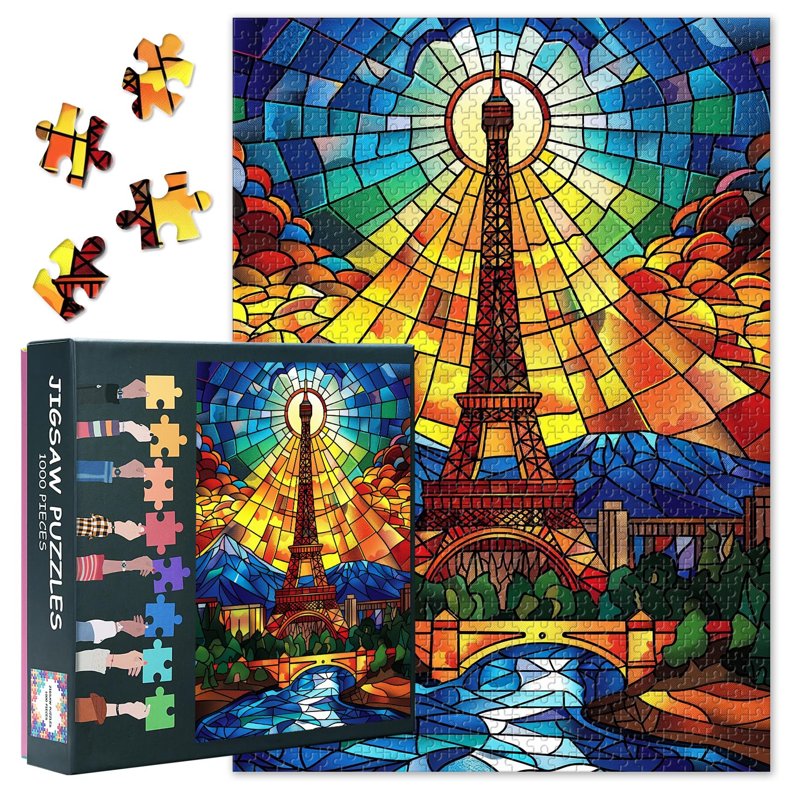 1000 Piece Jigsaw Puzzle for Adults Eiffel Tower Stained Glass Art Paris Cityscape Sunset Puzzle Vibrant Color Landscape Wall Art Home Decor Puzzle 27.5x19.7 Inch