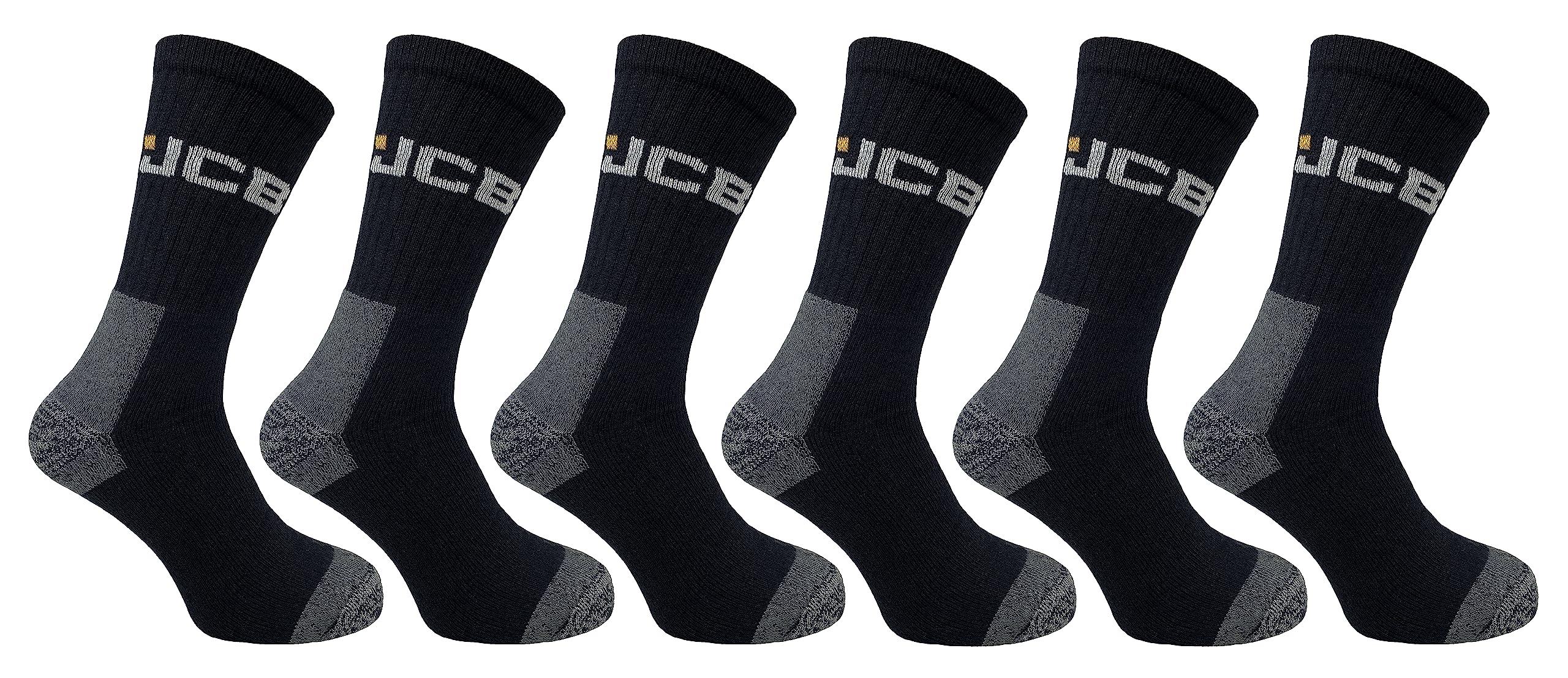 JCB Men's Work Socks - 3 Pack Multipack - Black - UK 6-11, EUR 39-46 (6 Pair Pack) with Added Elastane