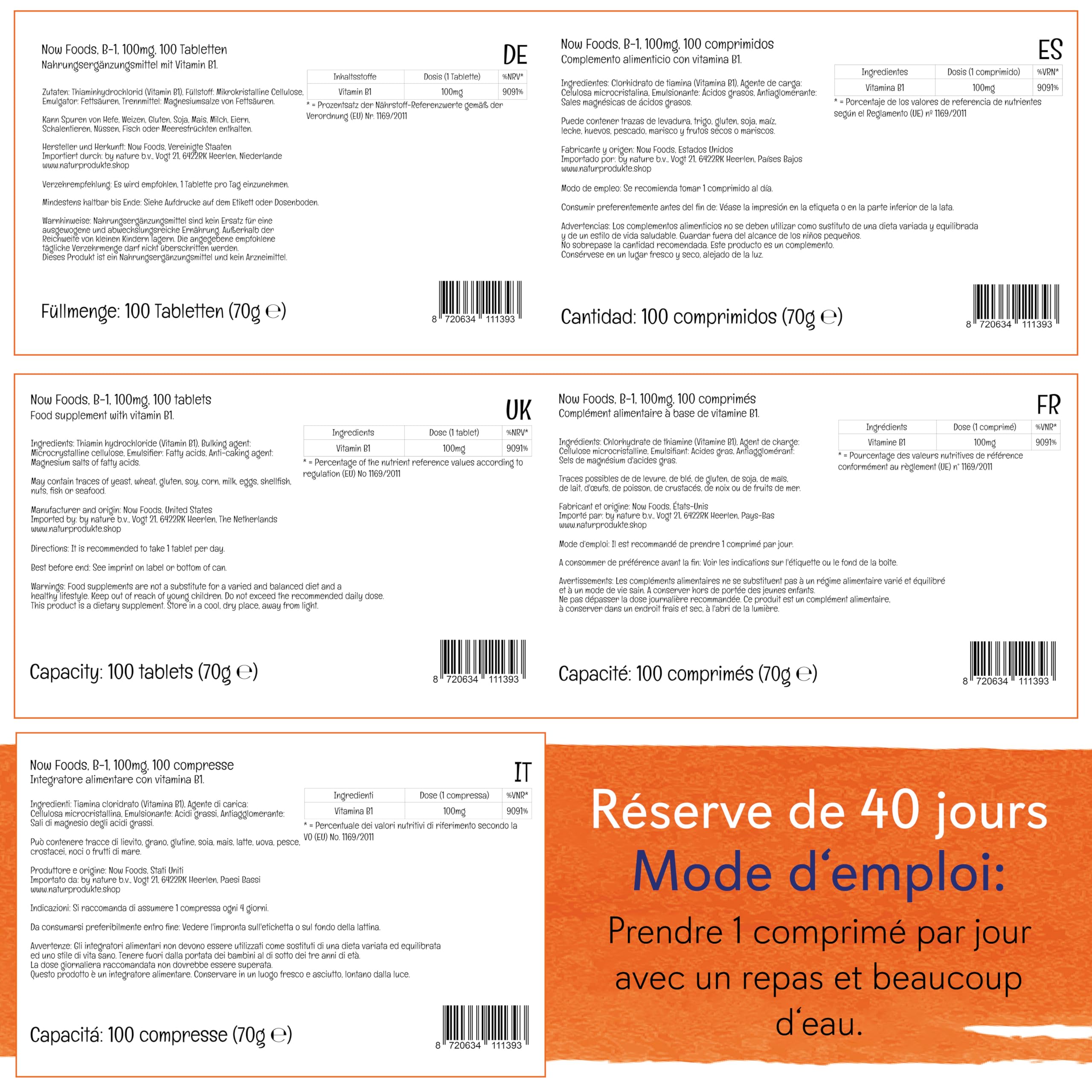 Now Foods, B-1, 100mg, 100 Comprimés végétaliens, Testé en Laboratoire, Vitamine B1, Thiamine, Sans Gluten, Sans Soja, Végétarien