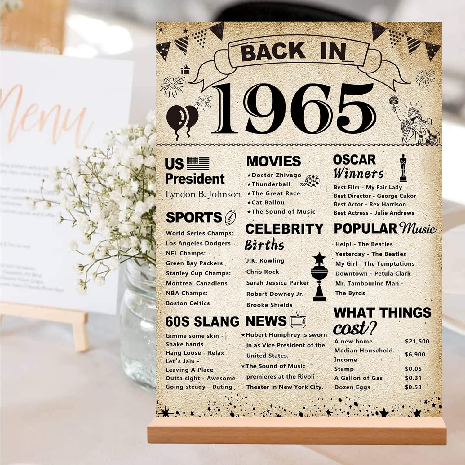 DARUNAXY 61st Birthday Party Decorations, Vintage Back in 1965 Poster Acrylic Sign with Stand 61 Year Old Party Supplies for Men& Women Vintage 1965 Table Decor 61st Anniversary Class Reunion Gifts - Image 5