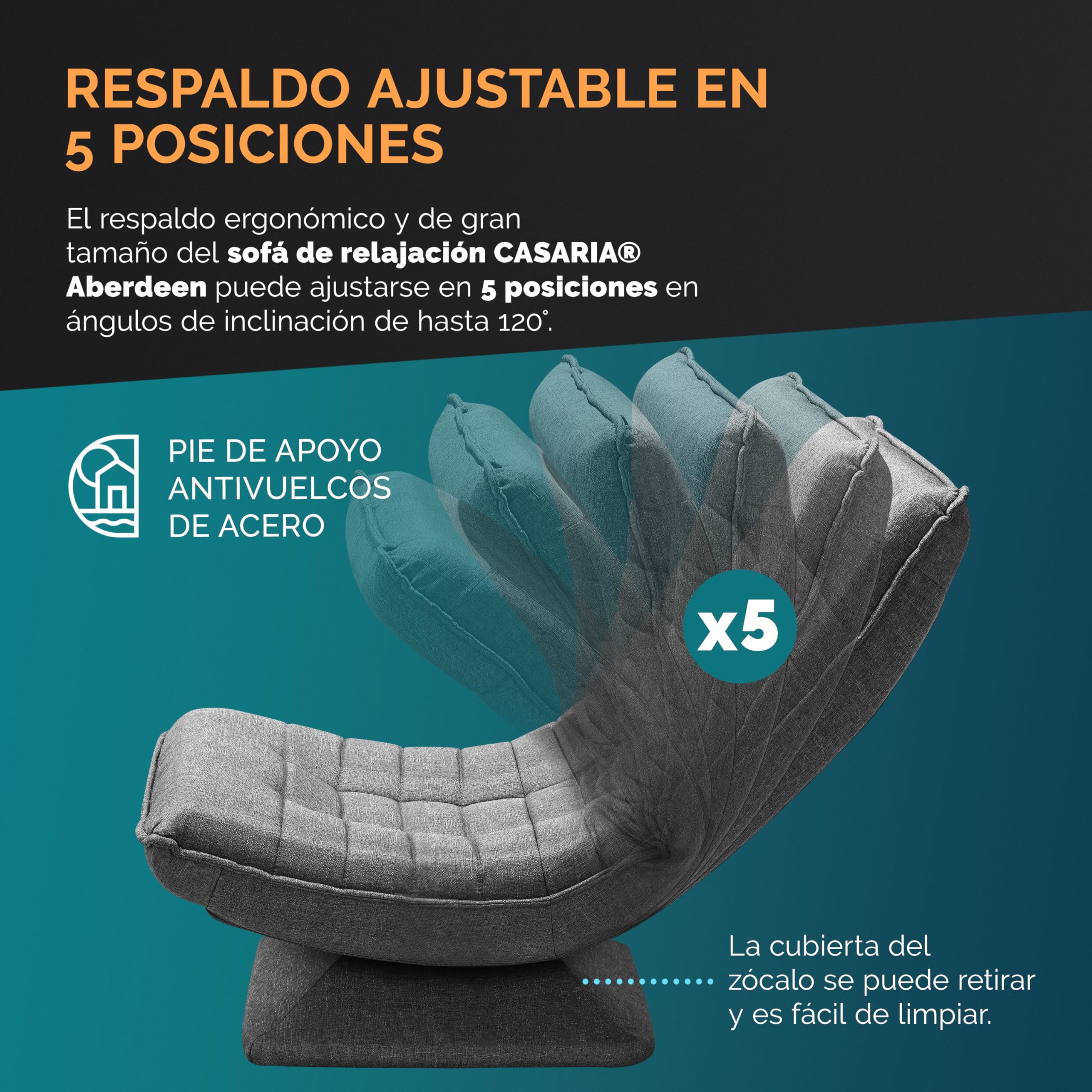 CASARIA® Sillón Relax Respaldo Ajustable 5 Posiciones Ergonómico Giratorio 360° Manual Carga 150kg Silla de Suelo Plegable Tapizado Gris 60x105x87cm